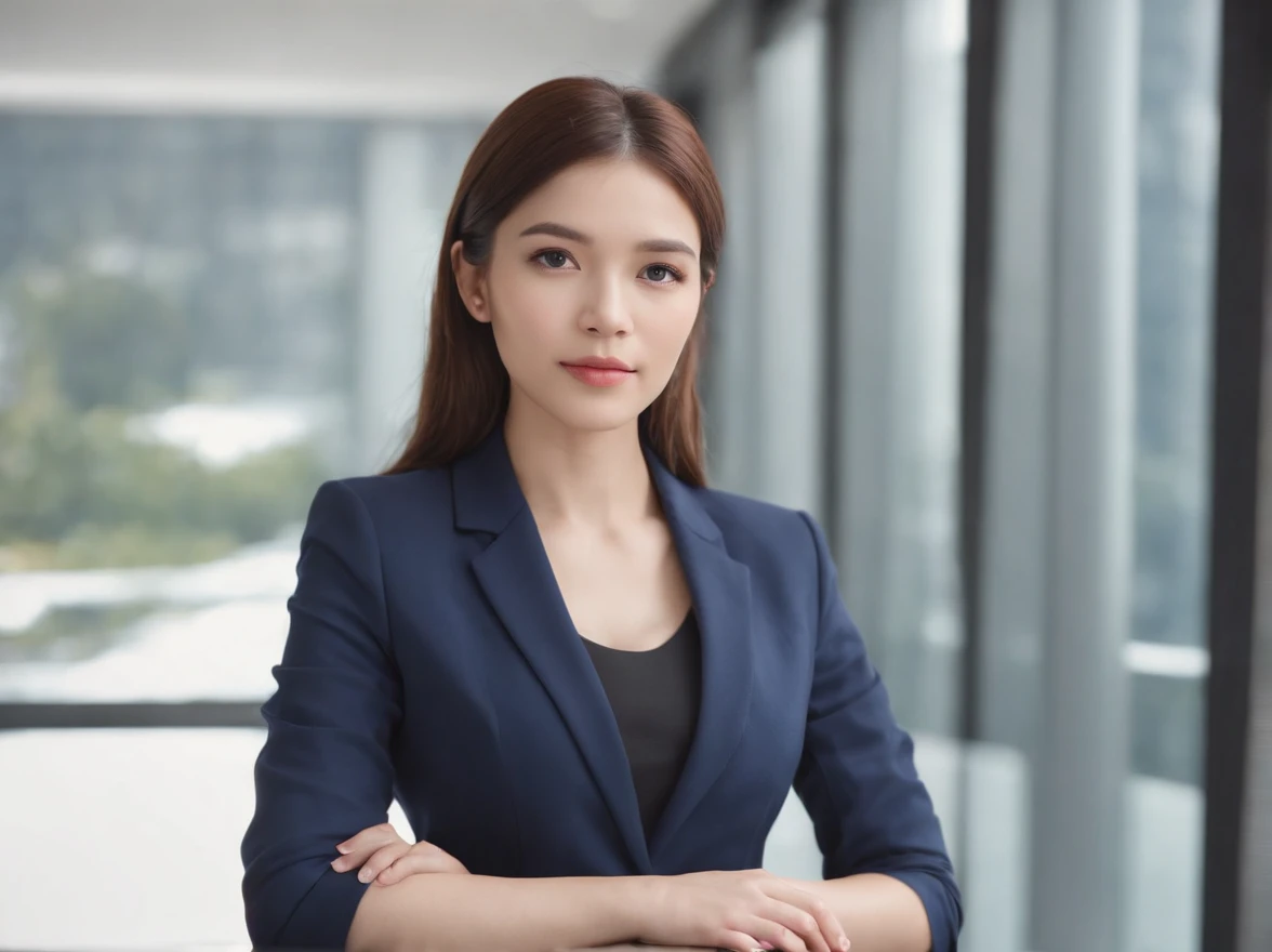 Professional image of a 25-year-old working woman, Wear a navy blue business casual suit and hip wrap skirt, Professional profile photo, posing with crossed arms, professional picture, professional profile picture, photograph of a woman, Business woman, lecturer, 4k高清
