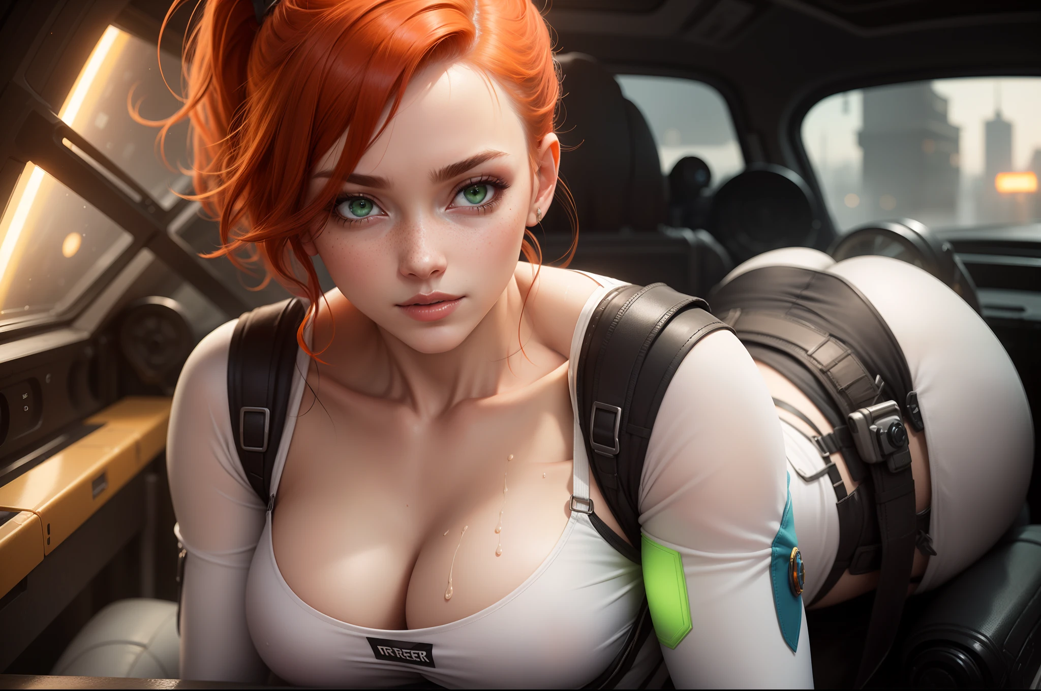 gwen tennyson,tracer,samus,rebecca chambers,overwatch,gundam,1girl,close up,mecha pilot,space port,mecha space suit,space marine,pirate corset, white long sleeve lycra top,wet body,white leggings,short hair,war makeup,green eyes,orange hair,hair highlights,shy smile,freckles,redhead,beautiful girl,large breasts,ultra detailed,realistic,fantasy art,