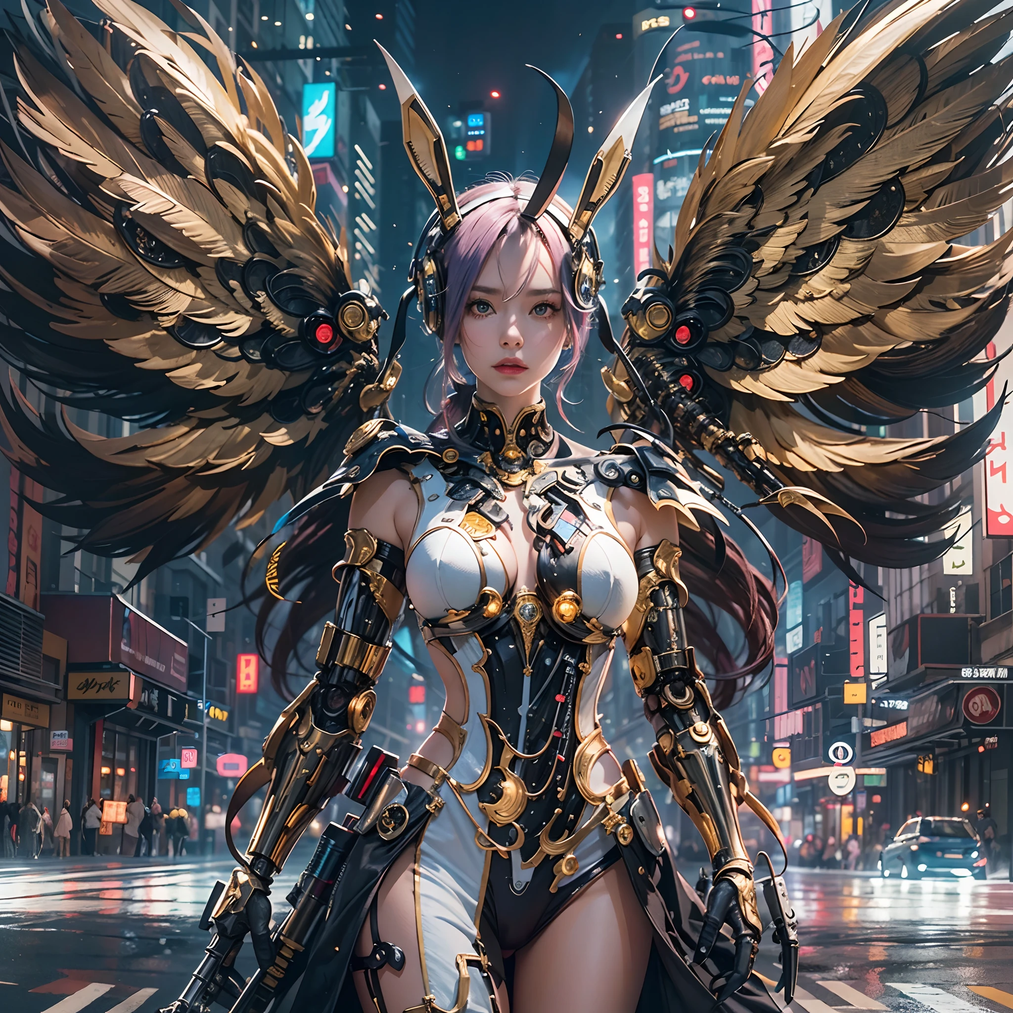 a picture of  a female angel mecha girl, walking in a fantasy urban street at night, full body, an extremely beautiful female mecha angel, dynamic angle (ultra detailed, Masterpiece, best quality), (best detailed face: 1.4), ultra feminine,  black hair, short hair, dynamic eyes color, angel_wings spread white angelic mechanical wings, (wearing silver armor: 1.40, blue cloak, fantasysword armed with sword  walking in a fantasy setting street, night time, red moon, stars  high details, fantasy art, RPG art best quality, 16k, [ultra detailed], masterpiece, best quality, (ultra detailed), full body, ultra wide shot, photorealistic,