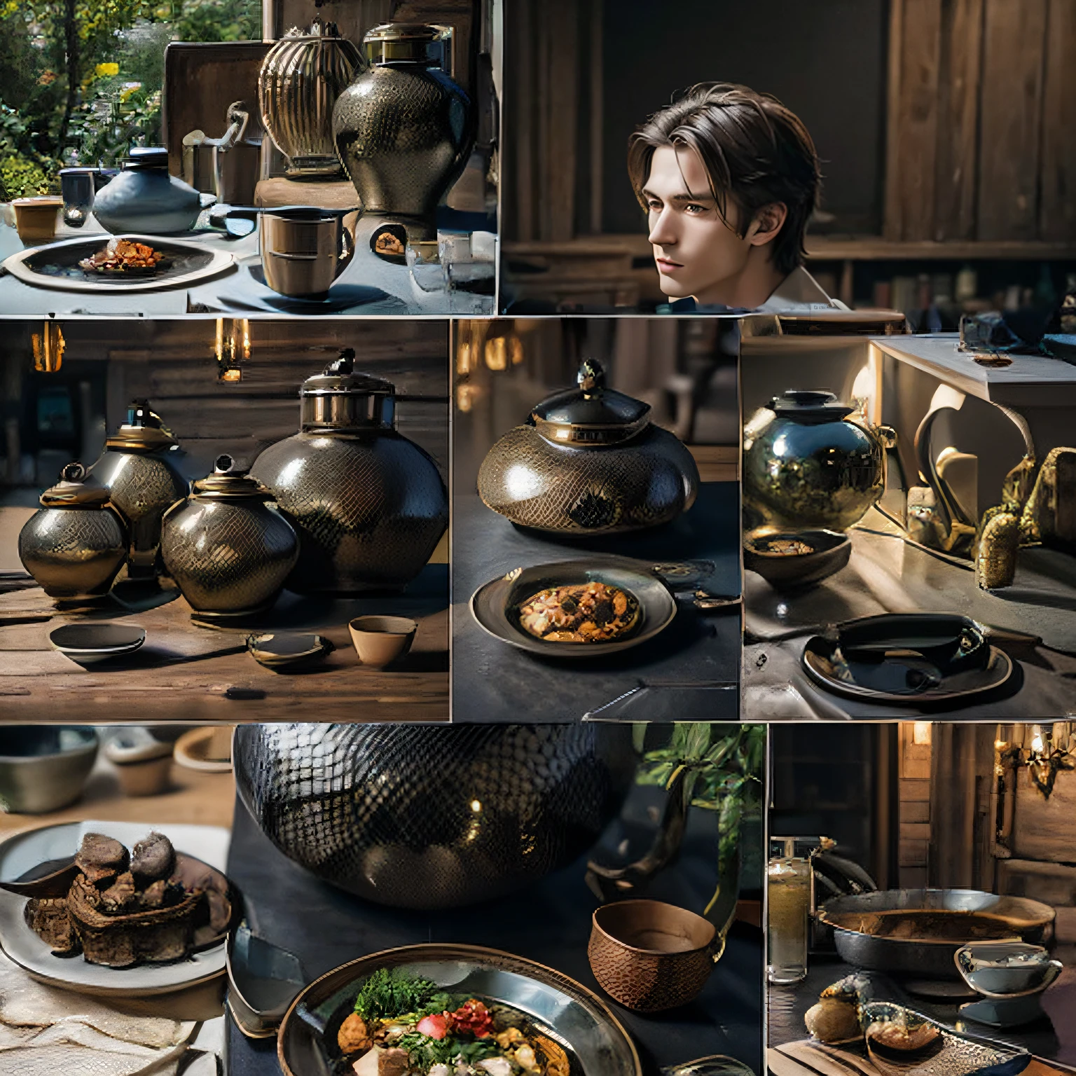 Masterpiece, Superb Clothing, (illustration), ((6 people)), ((Handsome young), (Russian Mill Style),, (Grand background), (Chiaroscuro)), Fine face in detail, Facial details, Cinematic lighting, (Depth of field), hyper HD, (Upper body), Black background