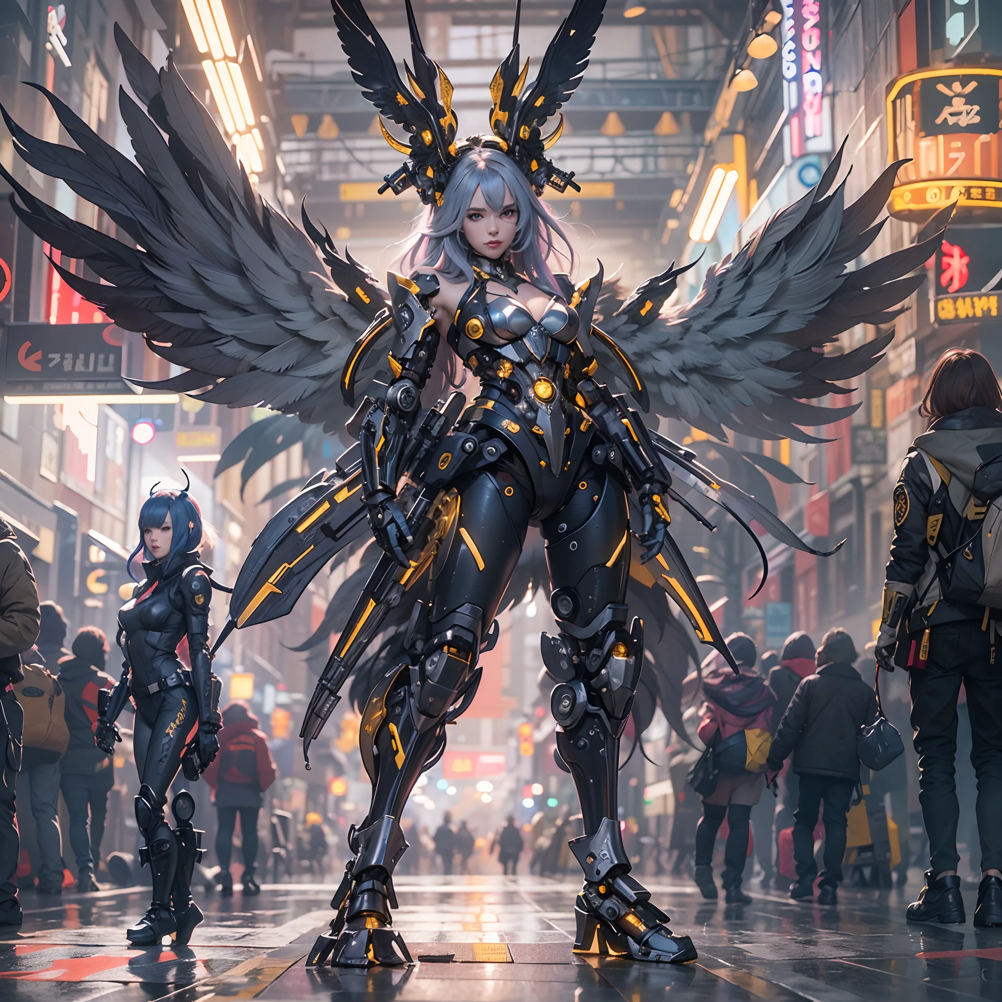 wide wide shot，(Best quality,Masterpiece:1.2),(A cyborg),（独奏：1.3）,Rabbit ears，Colored hair，(There is a pair of huge feather wings on the shoulders),gold,perfectly proportions,(Metal mechanical limbs),(Footwear),Slim,Shiny metal。(Facing the lens，Central symmetry)，standing on your feet，(futuristic street)，Vibrant colors,The lighting is dramatic, Bright areas contrast strongly with deep shadows, creating a sense of depth and dimension. The overall composition is vibrant and captivating, Grace, There is also a touch of mystery.