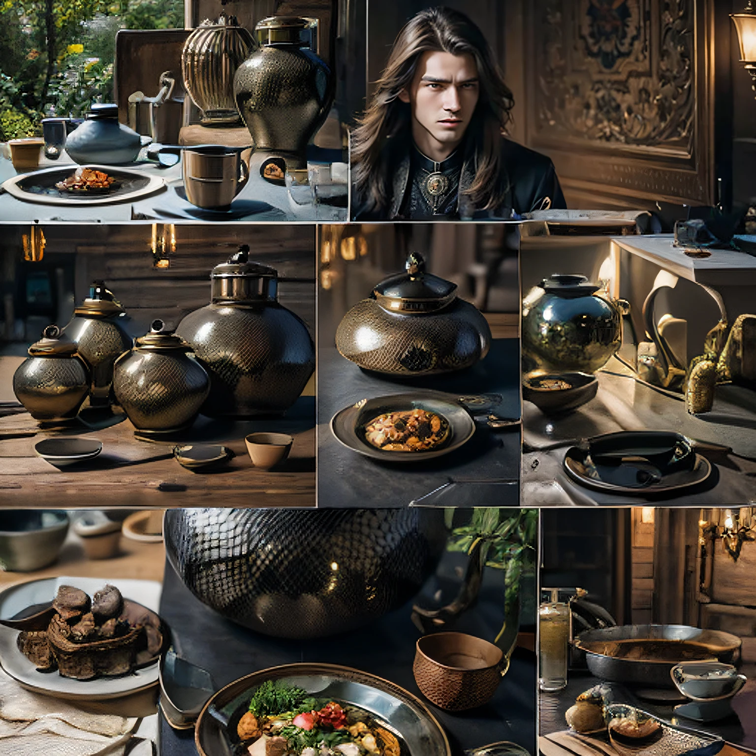 Masterpiece, Superb Clothing, (illustration), ((6 people)), ((Handsome young), (Russian Mill Style),, (Grand background), (Chiaroscuro)), Fine face in detail, Facial details, Cinematic lighting, (Depth of field), hyper HD, (Upper body), Black background