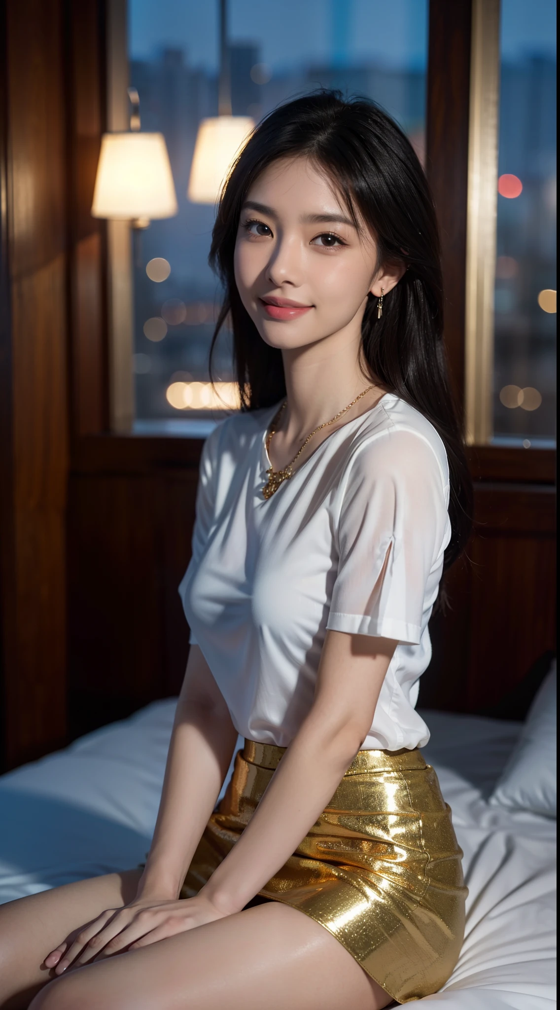 8k, masterpiece, RAW photo, best quality, photorealistic, extremely detailed CG unity 8k wallpaper, Depth of field, Cinematic Light, Lens Flare, Ray tracing, (extremely beautiful face, beautiful lips, beautiful eyes), intricate detail face, ((ultra detailed skin)) 1girl, in the dark, deep shadow, pretty asian girl, very slim slender fit-muscled body), ((looking at viewer)),(big smile), (blurry background), midnight, (pretty asian girl), earrings, bracelets, necklace, clear eyes, shot, (pale skin), face forward, (big eyes), ((close up shot)), (looking at viewer), medium breasts,((smile)), (see through), (open breasts), ( very slim), (see through shirt), ((golden skirt)), thick thighs, laced stockings, rooftop, dim lights, big windows, bed, ((night)), cityscape