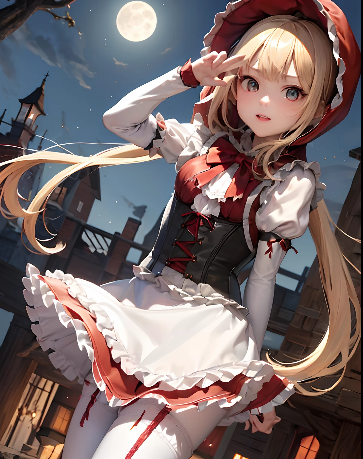 masterpiece、hiquality、1girl in、独奏、Marie Rose、cowboy shot、embarassed expression、(((Little Red Riding Hood's clothes)))、((White blouses))、((pantyhose))、(long boots)、natta、Pumpkin Lantern、((a miniskirt))、fullmoon、((corsets))、((Black panties))、Sit up、opening legs