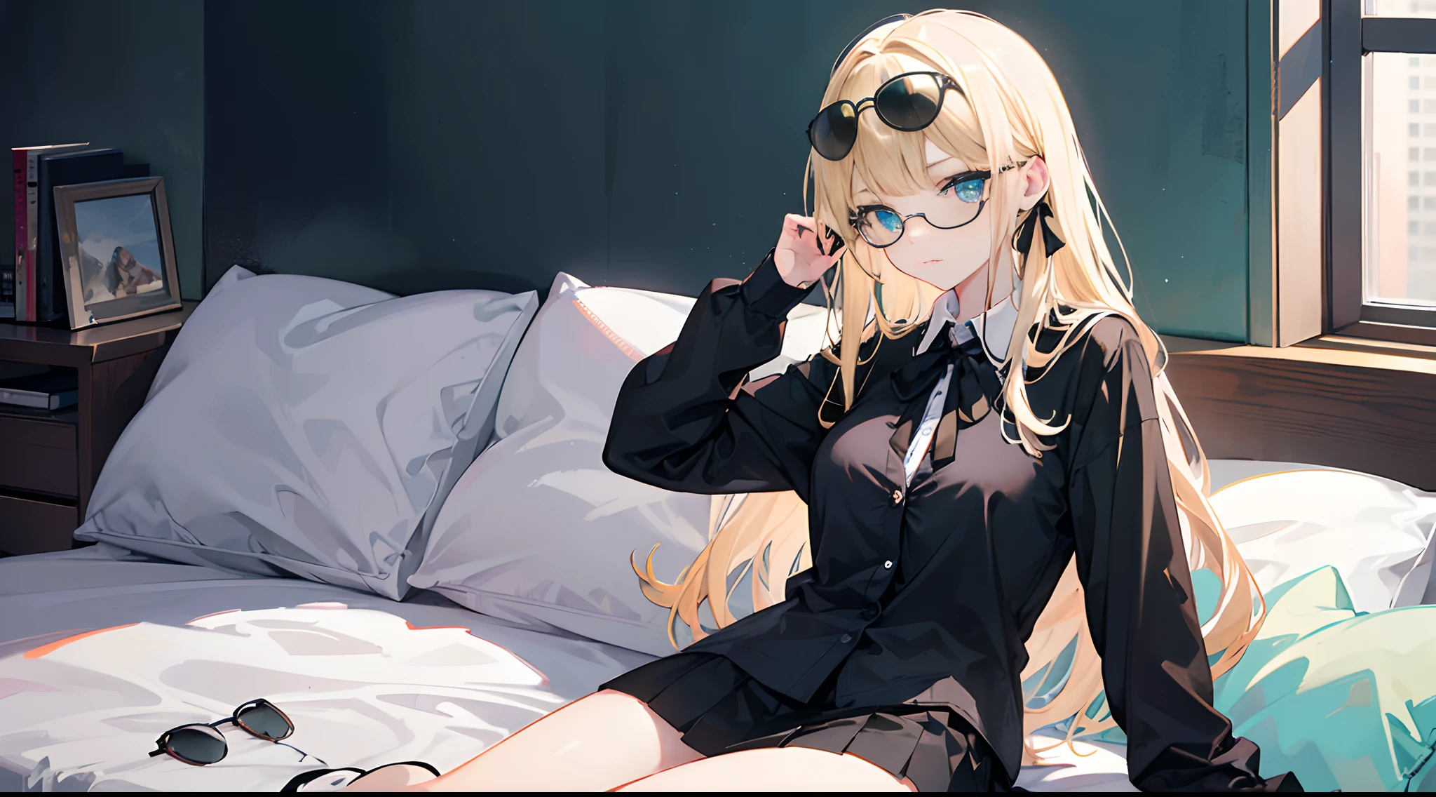 An 18-year-old woman with blond hair, turquoise eyes, long hair, a black ribbon, wearing sunglasses, wearing a black button-up shirt controlled by a white long-sleeved shirt. black short skirt Sitting on the bed showing legs
