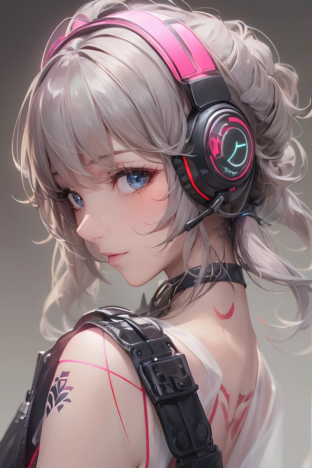 ​masterpiece, 1 beautiful girl, Detailed eye, Swollen eyes, top-quality, 超A high resolution, (reality: 1.4), 电影灯光, japanes, a asian beauty, very extremely beautiful, lovely、Beautiful skins, A slender, Forward-facing body, (A hyper-realistic), (hight resolution), (8K), (ighly detailed), ( Best Illustration), (beautifully detailed eyes), (ultra-detailliert), 详细的脸, Bright lighting, Professional Lighting、The background is a cyberpunk room with a large number of monitors.......、The cord is connected from the costume、Long Hair Color Pink、headset on head、small tattoo on face、nffsw、gazing at viewer