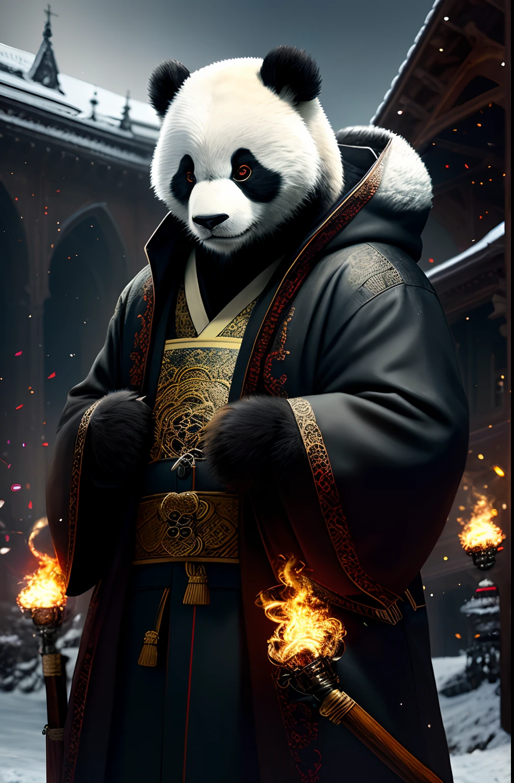 extremely detailed 8k wallpaper), intricate, richly detailed, dramatic, Panda bear with white kimono, ready for combat, Sinister face is drawn with only a pair of red eyes peeking underneath, graphics insanely, light is reflected in the ornaments, bright ashes ooze from the torches in the vaulted passage during the leisurely walk through the gloomy cathedral, Show the whole person with some distance from the surroundings to get your own license.