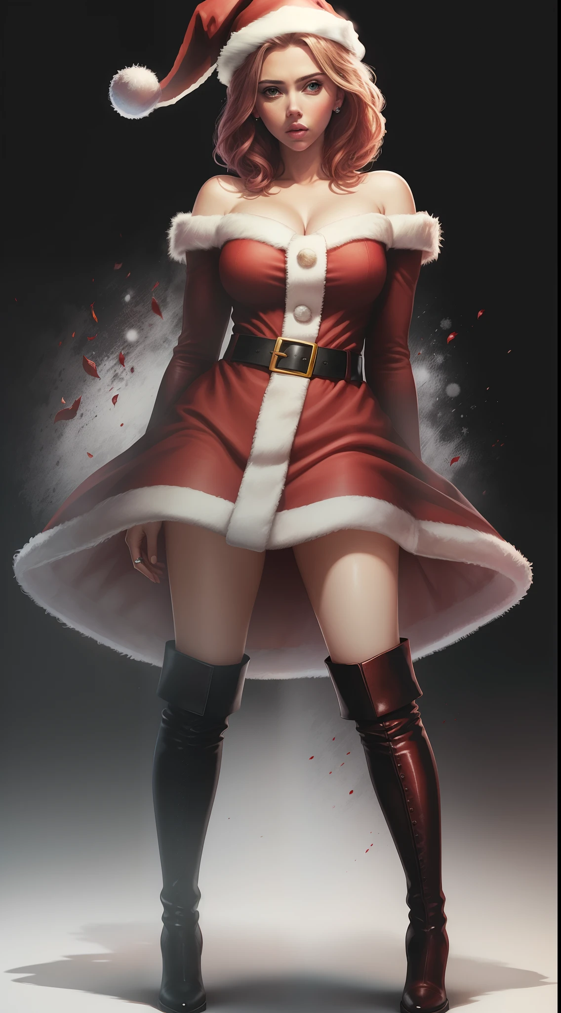 Scarlett Johansson, wearing a short red Santa Claus dress, wearing black boots, standing on a white background --auto --s2