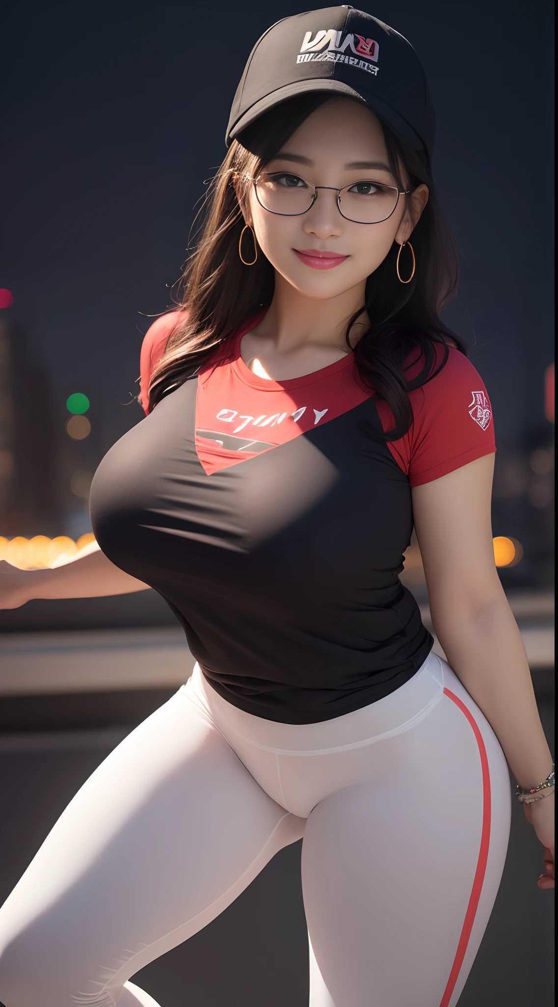 8k, masterpiece, RAW photo, best quality, photorealistic, extremely detailed CG unity 8k wallpaper, Depth of field, Cinematic Light, Lens Flare, Ray tracing, (extremely beautiful face, beautiful lips, beautiful eyes), intricate detail face, ((ultra detailed skin)) 1girl, big breasts, in the dark, deep shadow, pretty korean girl, kpop idol,(very slim slender fit-muscled body), ((looking at viewer)),(big smile), (fashion city night, (neon sign), (blurry background), midnight, (vacant city), (without people in the background), pretty korean girl, white diamond earrings, dia bracelets, dia necklace, glasses, clear eyes, walking , (pale skin), (big eyes), ((full body shot)), (baseball cap), ((red color leggings)), (camel toe, shape), ((T-shirt)), ((smile)), ((leaning forward)), ((front view)),
