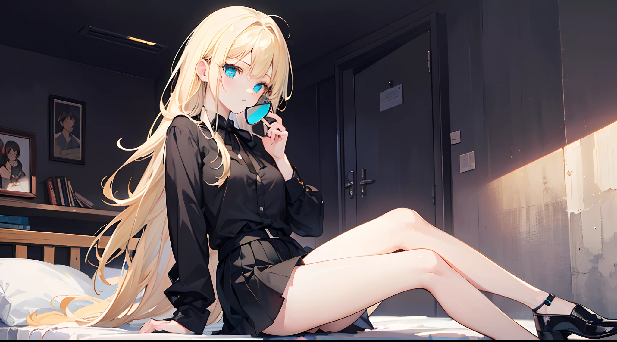 An 18-year-old woman with blond hair, turquoise eyes, long hair, a black ribbon, wearing sunglasses, wearing a black button-up shirt controlled by a white long-sleeved shirt. black short skirt Sitting on the bed showing legs