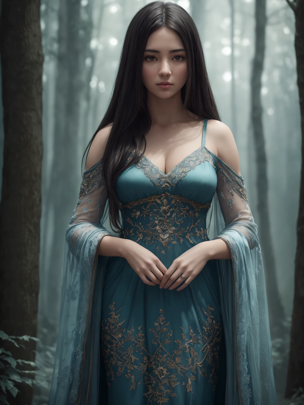Full body, epic realistic, (dark shot:1.4), 80mm, Create a portrait of a woman with long dark hair. She has a mysterious expression, gazing at the viewer with a slight tilt of her head. She is elegantly dressed, The background features a forest of blue, impressionistic leaves, with an eerie white light shining through and a gradient shadow on the top part of the woman's face. Use a backlighting effect to add depth to the image, blue palette, wider show with more background and forest, (natural skin texture, hyperrealism, soft light, sharp:1.2), soft light, sharp, exposure blend, medium shot, bokeh, (hdr:1.4), high contrast, (cinematic, teal and orange:0.85), (muted colors, dim colors, soothing tones:1.3), low saturation, (hyperdetailed:1.2), (noir:0.4), (intricate details:1.12), hdr, (intricate details, hyperdetailed:1.15), faded, (neutral colors:1.2), art, (hdr:1.5), (muted colors:1.1), (pastel:0.2), hyperdetailed, (artstation:1.4), warm lights, dramatic light, (intricate details:1.2), vignette, complex background,