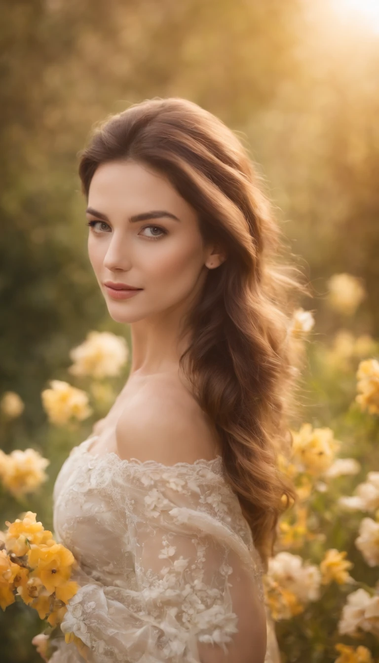 (uma mulher com beleza estonteante, Rodeado por flores de cravo vibrantes em um jardim tranquilo, seus cabelos fluindo em tons de preto, an exquisite composition that captures every detail, a mais alta qualidade, a breathtaking close-up of his flawless face)