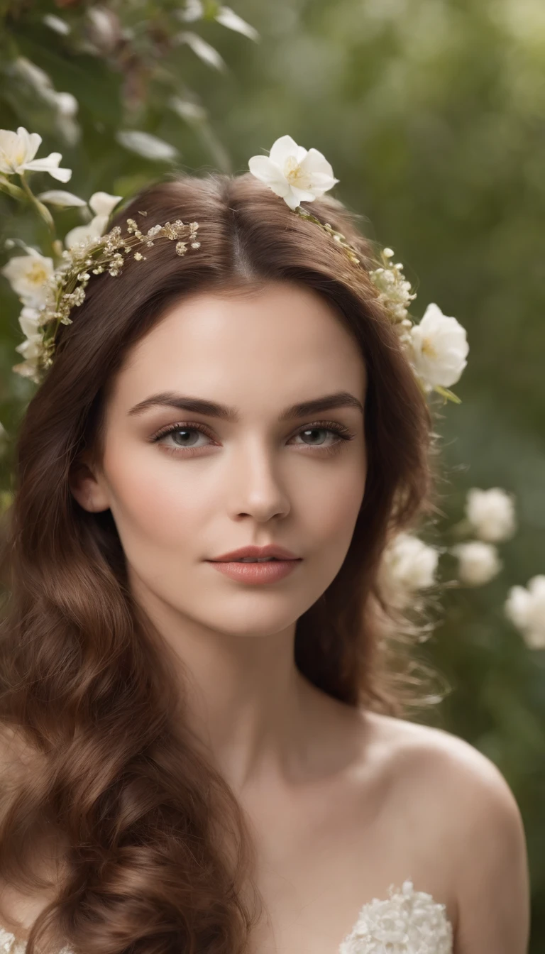 (uma mulher com beleza estonteante, Rodeado por flores de cravo vibrantes em um jardim tranquilo, seus cabelos fluindo em tons de preto, an exquisite composition that captures every detail, a mais alta qualidade, a breathtaking close-up of his flawless face)