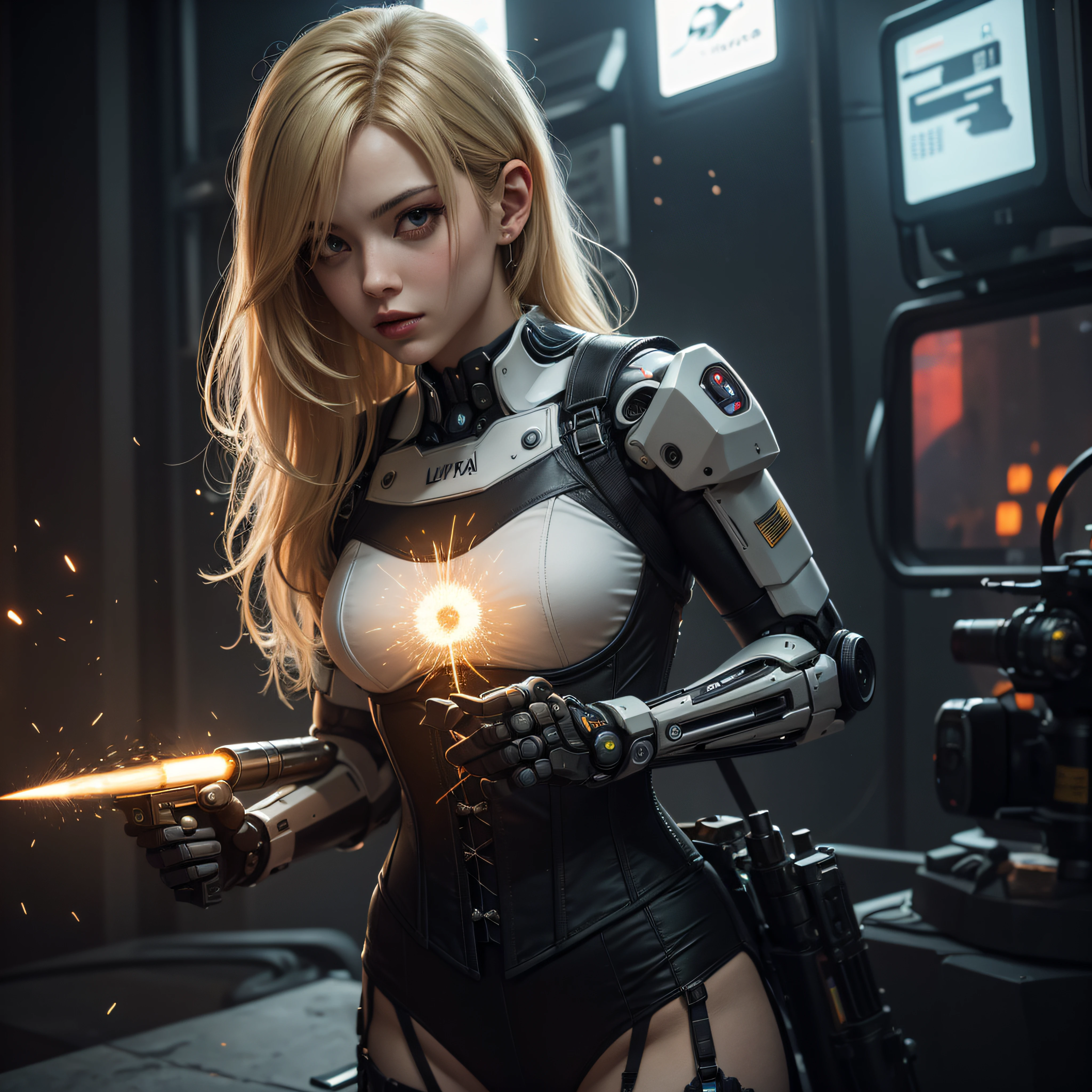 ((calidad superior)), ((obra maestra)), ((realista)), (Los detalles), (fotorrealista:1.5), Science-Fiction, HDR, Trazado de rayos, NVIDIA RTX, Los ultra-Highres, Irreal 5, Sub-Surface Scatterring, PBR texturizado, Post-procesamiento, Anisotropic filtering, Profundidad de campos, maximum sharpness and sharpness, Regla de los tercios、8K RAW、(Luminescent Particles:1.4)、(super-detailed CG、Unidad 8k Fondos de pantalla、lighting like a movie、destello de lente、foco nítido. Blonde girl with corset, Robotic Parts, Cannon fire, guerra urbana, Armas, pistola, Arte cyberpunk、arquitectura cyberpunk