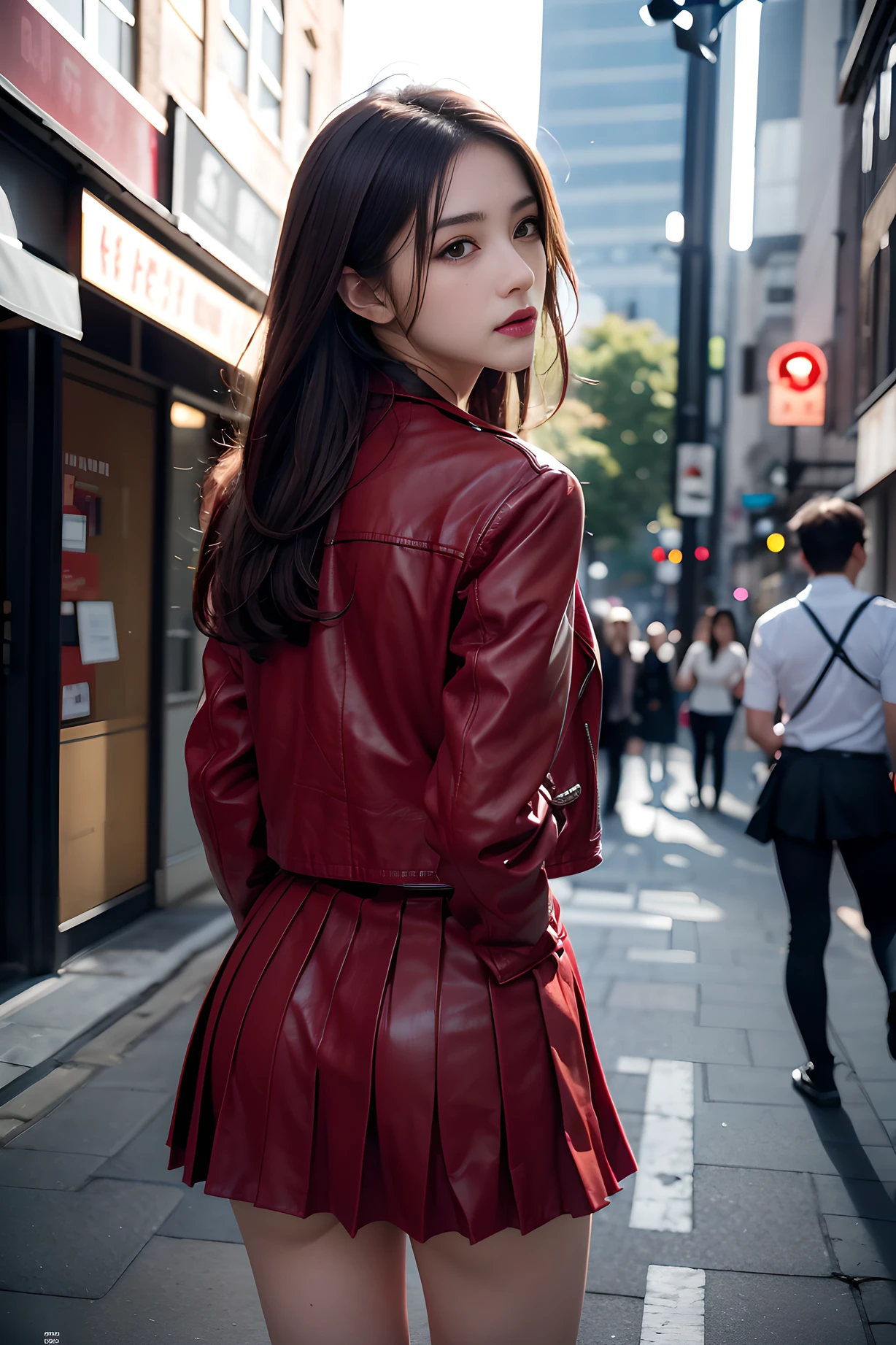 masutepiece, 超A high resolution, (Photorealistic:1.4), 8K, Raw photo, Best Quality, detailed shadow, amazing, finely detail, Official art, absurderes, Sharp Focus, (light light on the face:1), (Volumetric lighting:1.4), (Light on Face:1), (cowboy shot:1.3), London street, big ben, night time, night street, (arms down:1.5), (arms behind back:1.5),
BREAK,
1girl in、Japan Germans、Indian beauty、Dark mascara、big eye、drooping eyes, Dark eyeliner、Dark red rouge、red-lips、chic body、thin-waist、skeletalstraight、Superb Style、8 Head Body、Sexy legs、Beautiful fingertips、small-sagging-breasted、intricate detailes、hightquality、(High class:1.4)、Ultra realistic 8K、face perfect、Perfect、clean、masterpiece、Professional artwork、famousartwork、face perfect、Beautiful expression、beautidful eyes、Half Up Hair、Beautiful woman with refreshing sexiness and outstanding proportions、A dark-haired、wetting hair、clothes shiny、show the grinps,
BREAK,
(((black pleated skirt)))、(((red leather jacket)))、longsleeve、Colossal tits、a navel、bare-legged、, BREAK,
Looking at Viewer, Dynamic lighting, In the Dark, deepshadow, lowkey, intricate detailes, Detailed skin, Pore, hight resolution, nffsw, 4K, Realistic,
