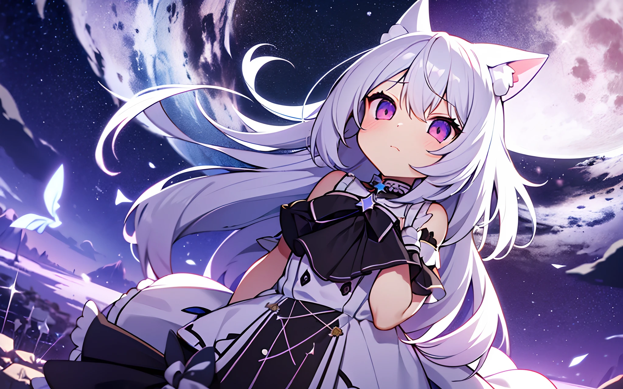 violaceaess,starrysky,s girl,White hair,cat ear,look up to,battlefiled,Blood Moon,llight rays,the night,feater