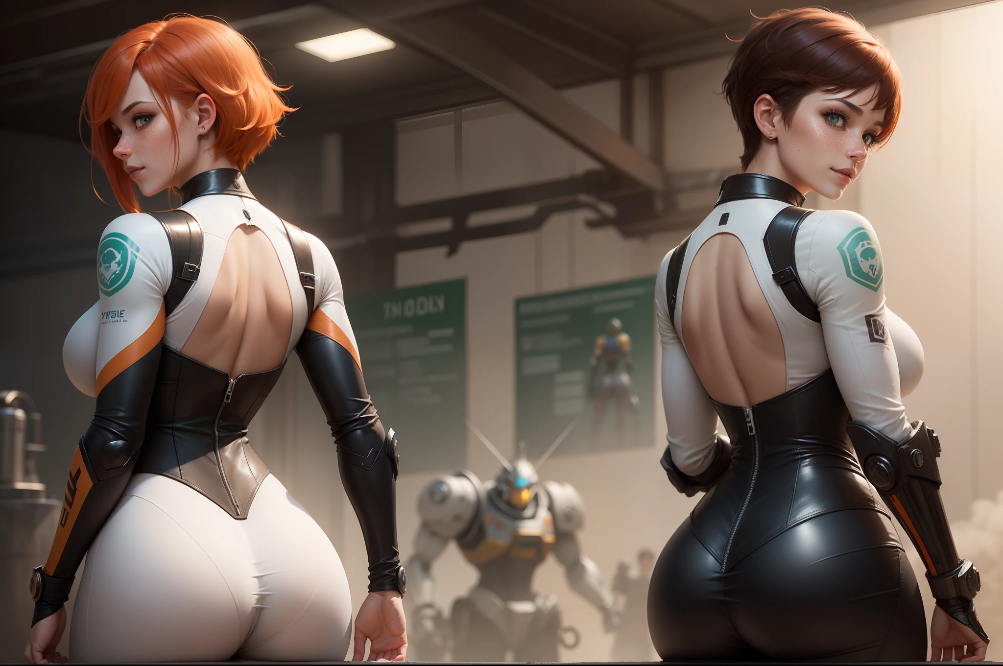 gwen tennyson,tracer,samus,rebecca chambers,overwatch,gundam,1girl,close up,mecha pilot,space port,mecha space suit,space marine,pirate corset, white long sleeve lycra top,wet body,white leggings,short hair,war makeup,green eyes,orange hair,hair highlights,shy smile,freckles,redhead,beautiful girl,large breasts,ultra detailed,realistic,fantasy art, ass close up, from behind,