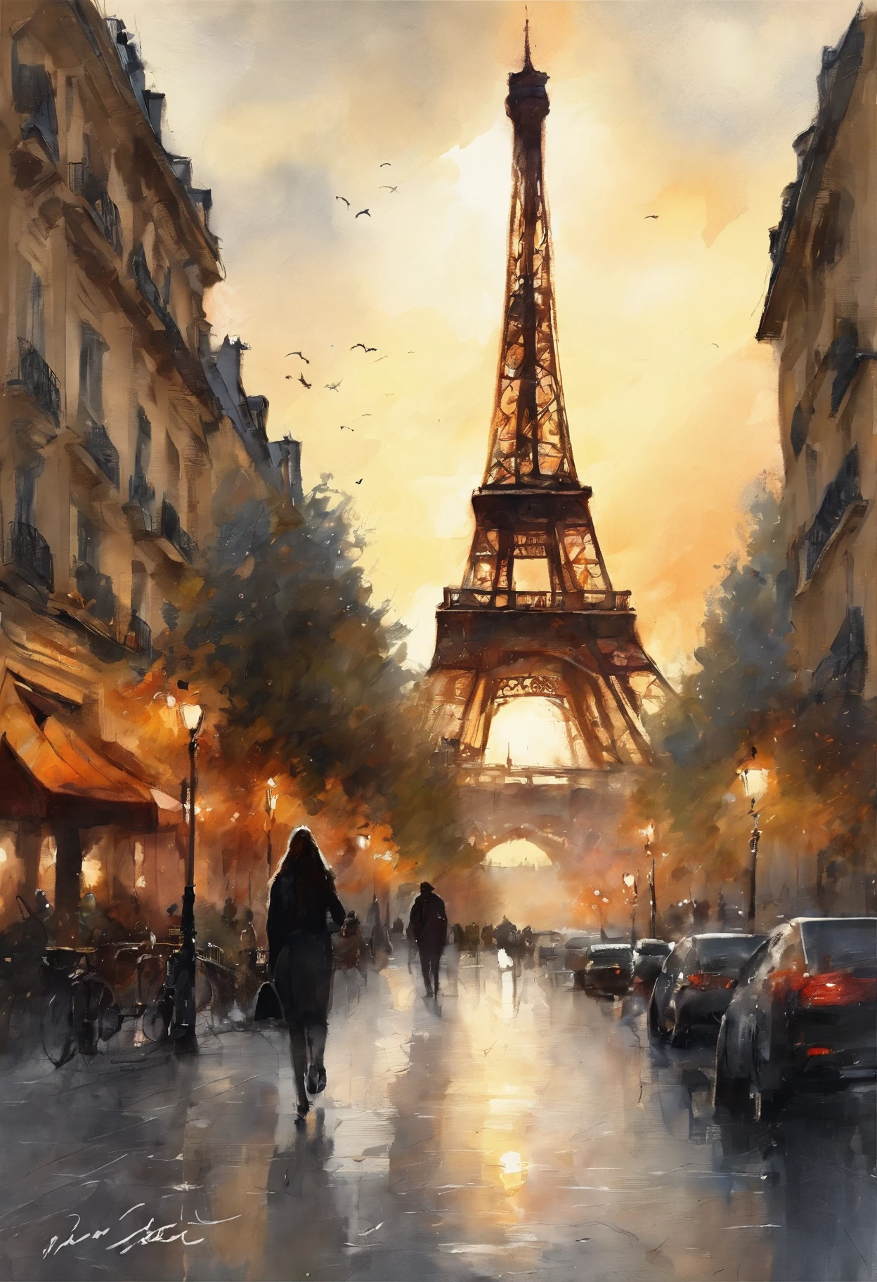 (8K、top-quality、​masterpiece:1.2)、 (realisitic、Photorealsitic:1.37)、 ultra-detailliert、DJSODA、 1 girl in、full bodyesbian、Wearing a turtleneck sweater and skinny jeans、Standing in the streets of Paris with the Eiffel Tower in the background, Beautiful detailed sky、night, dark, moon, beatiful detailed eyes、 (length hair:1.2)、 Floating Hair Novafrog Style、