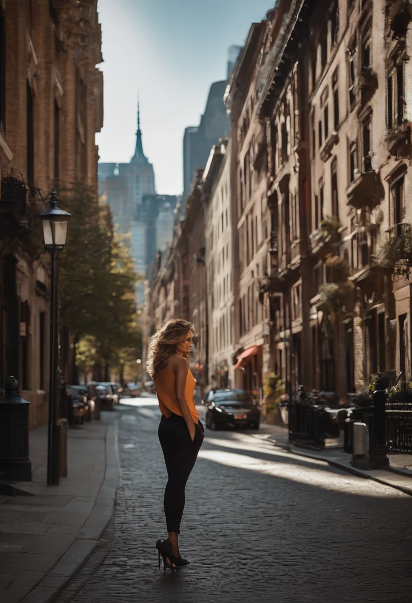 (Masterpiece, Best quality), beautiful woman, Detailed top with sleeveless turtleneck, pantalon, collier, wavy hair, visage parfait, beau visage, Attirant, De grands yeux magnifiques, ouvrir bouche, content, Corps slim fit parfait, (outdoor), Rues de la ville, New York, couleurs vives