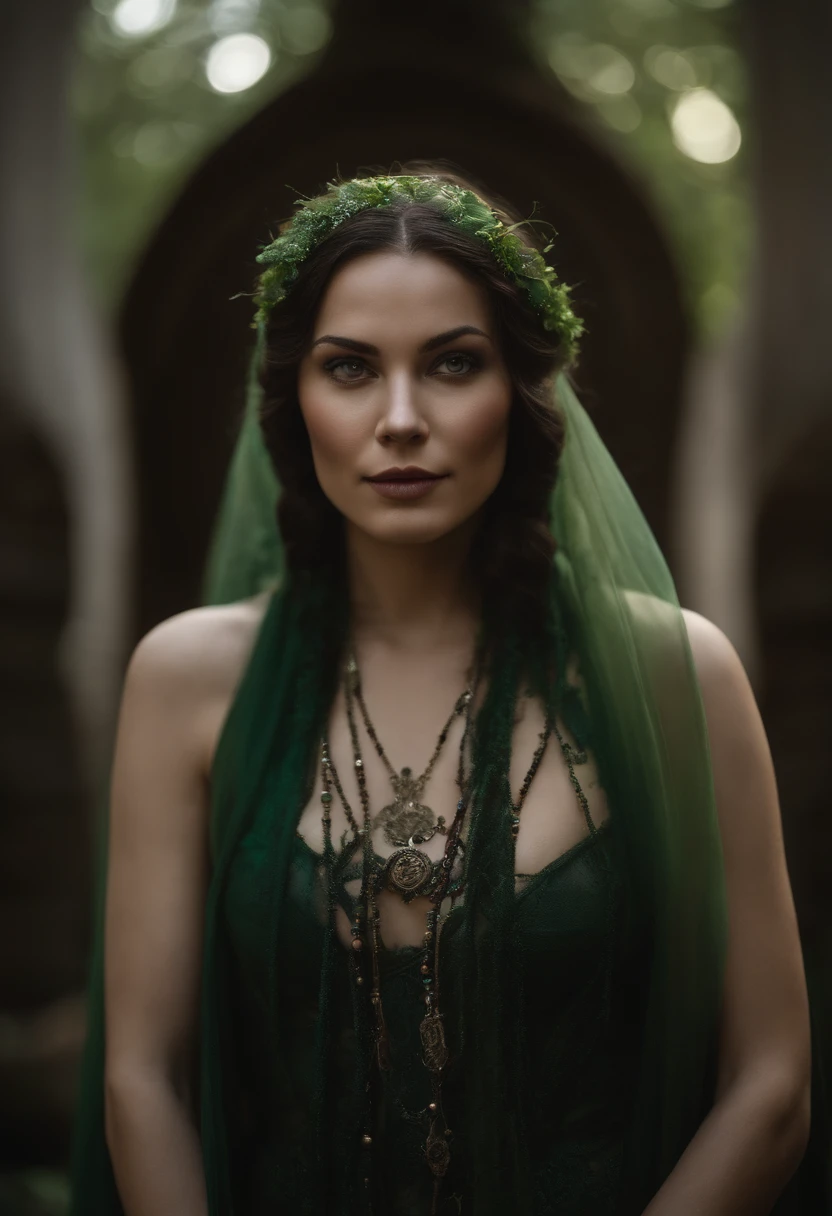 A mysterious and alluring sorceress, with ebony hair and piercing green eyes, conjuring spells and potions in a dimly lit chamber.