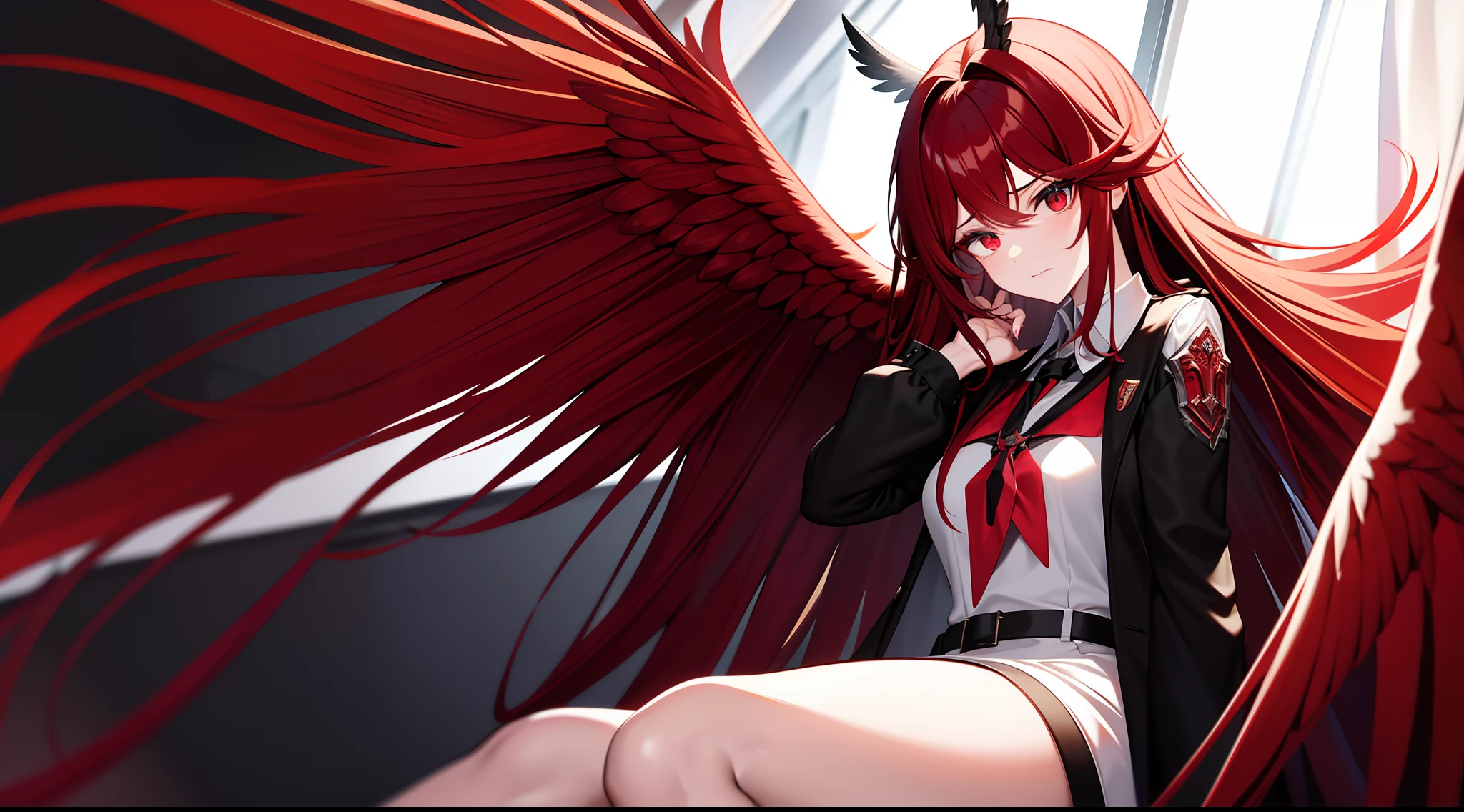 teens girl,White hair,Red glowing eyes, sportrait, photorealestic,(Red and white trench coat),Red scarf,a black pleated skirt,black t-shirts,longer sleeves,((With a hood))Red and white headphones,((Multiple pairs of angel wings)),side-lighting, the wallpaper, NSFW, Depicting female characters from ethereal anime in a high-quality anime art style,,,8K,Red and white shoes with a sense of technology,Tech-enabled headphones