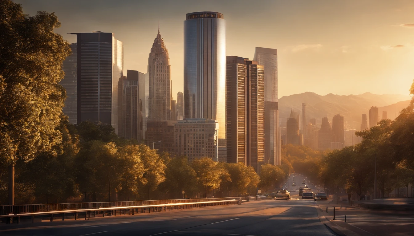 "Create a highly realistic urban cityscape scene set during a golden hour sunset. The scene should depict a bustling city with tall, modern skyscrapers and a diverse array of architecture, including glass and steel structures. Ensure intricate details in the buildings such as reflective windows, individual floors, and fine architectural elements. The warm hues of the setting sun should cast a soft, golden glow across the city, creating a captivating play of light and shadow. Include meticulous textures in the surrounding landscape—lush trees, smoothly paved streets, and distant mountains. Incorporate text subtly but realistically within the image, like a banner displaying the city's name in a sophisticated font at the top of one of the prominent skyscrapers, blending seamlessly with the realistic surroundings