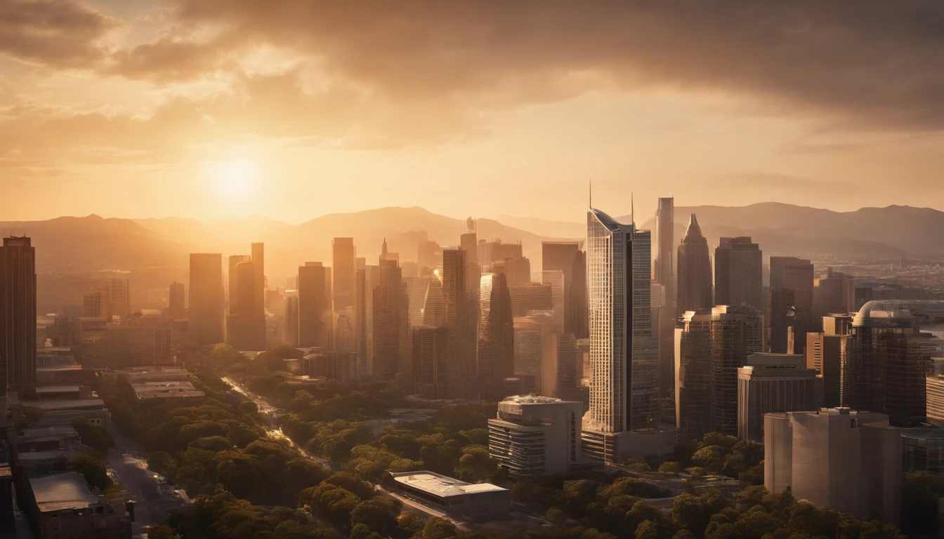 "Create a highly realistic urban cityscape scene set during a golden hour sunset. The scene should depict a bustling city with tall, modern skyscrapers and a diverse array of architecture, including glass and steel structures. Ensure intricate details in the buildings such as reflective windows, individual floors, and fine architectural elements. The warm hues of the setting sun should cast a soft, golden glow across the city, creating a captivating play of light and shadow. Include meticulous textures in the surrounding landscape—lush trees, smoothly paved streets, and distant mountains. Incorporate text subtly but realistically within the image, like a banner displaying the city's name in a sophisticated font at the top of one of the prominent skyscrapers, blending seamlessly with the realistic surroundings