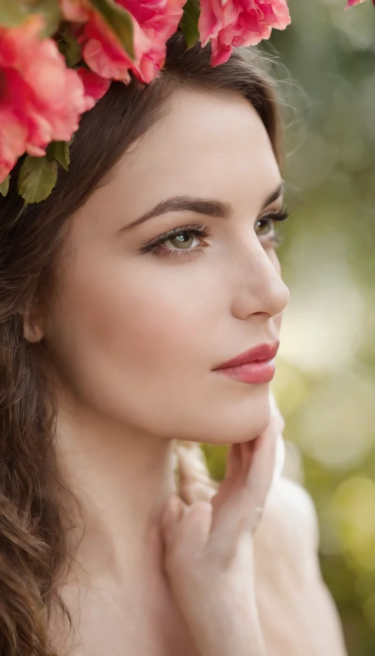 (uma mulher com beleza estonteante, Rodeado por flores roxas vibrantes em um jardim tranquilo, seus cabelos fluindo em tons de preto, an exquisite composition that captures every detail, a mais alta qualidade, a breathtaking close-up of his flawless face)