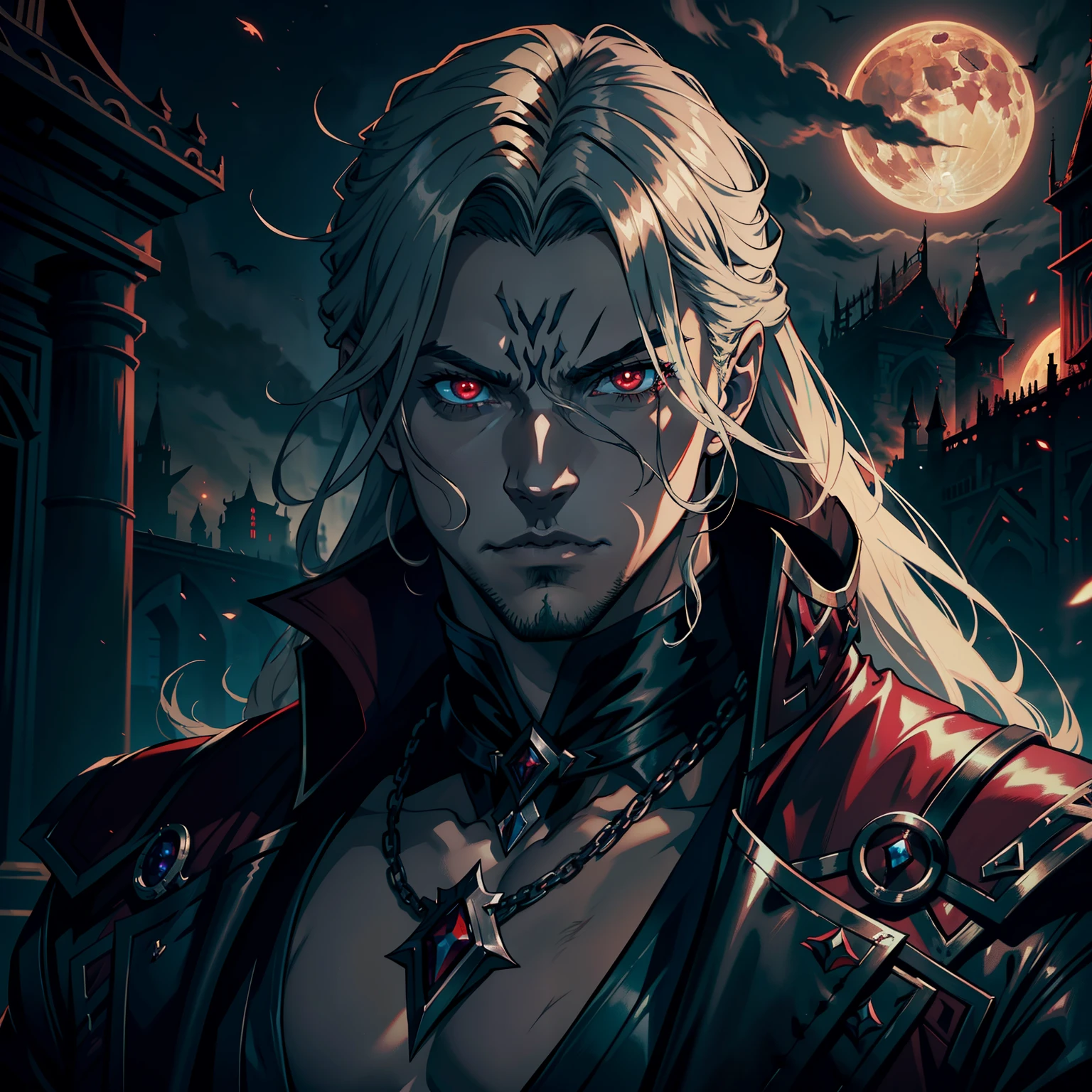 Castlevania Lord of the shadows hyper realistic super detailed face portrait zoom sexy face sexy eyes sexy Mouth handsome muscular man mature Face man red glowing eyes scary demonic crystal appearing from the Infernal Moon hyper realistic super detailed Dynamic shot master scene cinematic scenes movie Epic Legendary