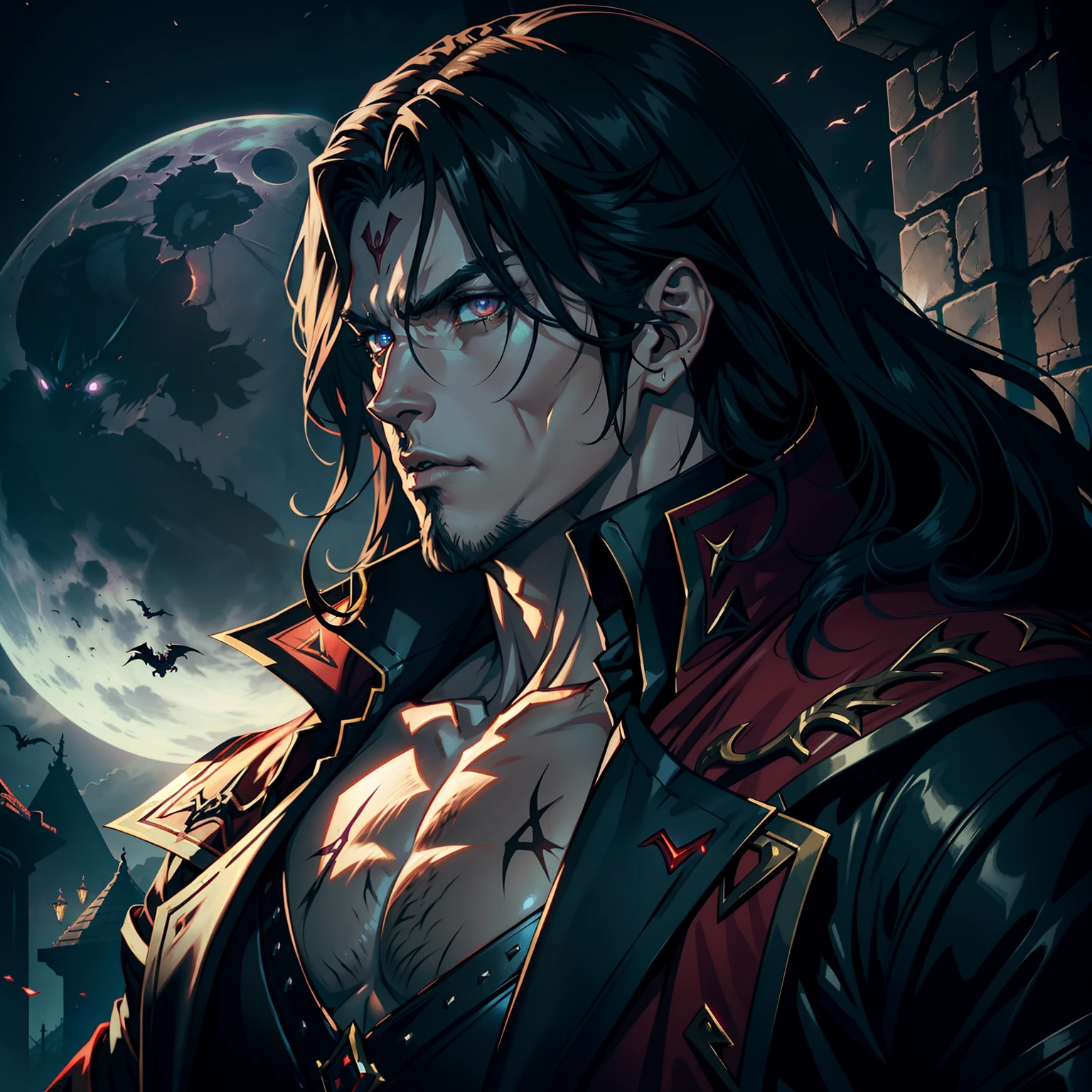 Castlevania Lord of the shadows hyper realistic super detailed face portrait zoom sexy face sexy eyes sexy Mouth handsome muscular man mature Face man red glowing eyes scary demonic crystal appearing from the Infernal Moon hyper realistic super detailed Dynamic shot master scene cinematic scenes movie Epic Legendary