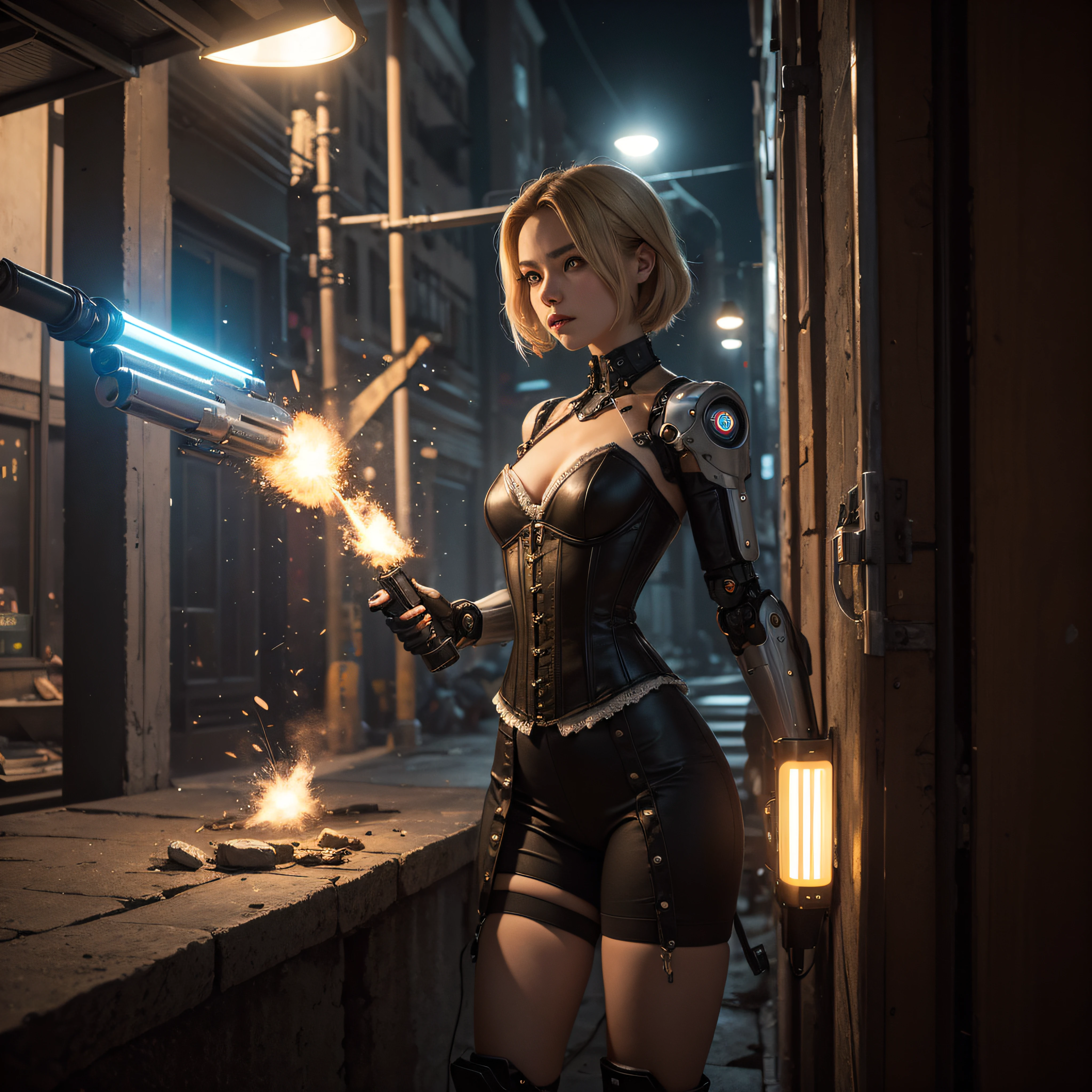 ((calidad superior)), ((obra maestra)), ((realista)), (Los detalles), (fotorrealista:1.5), Science-Fiction, HDR, Trazado de rayos, NVIDIA RTX, Los ultra-Highres, Irreal 5, Sub-Surface Scatterring, PBR texturizado, Post-procesamiento, Anisotropic filtering, Profundidad de campos, maximum sharpness and sharpness, Regla de los tercios、8K RAW、(Luminescent Particles:1.4)、(super-detailed CG、Unidad 8k Fondos de pantalla、lighting like a movie、destello de lente、foco nítido. Blonde girl with corset, Robotic Parts, Cannon fire, guerra urbana, Armas, pistola, Arte cyberpunk、arquitectura cyberpunk