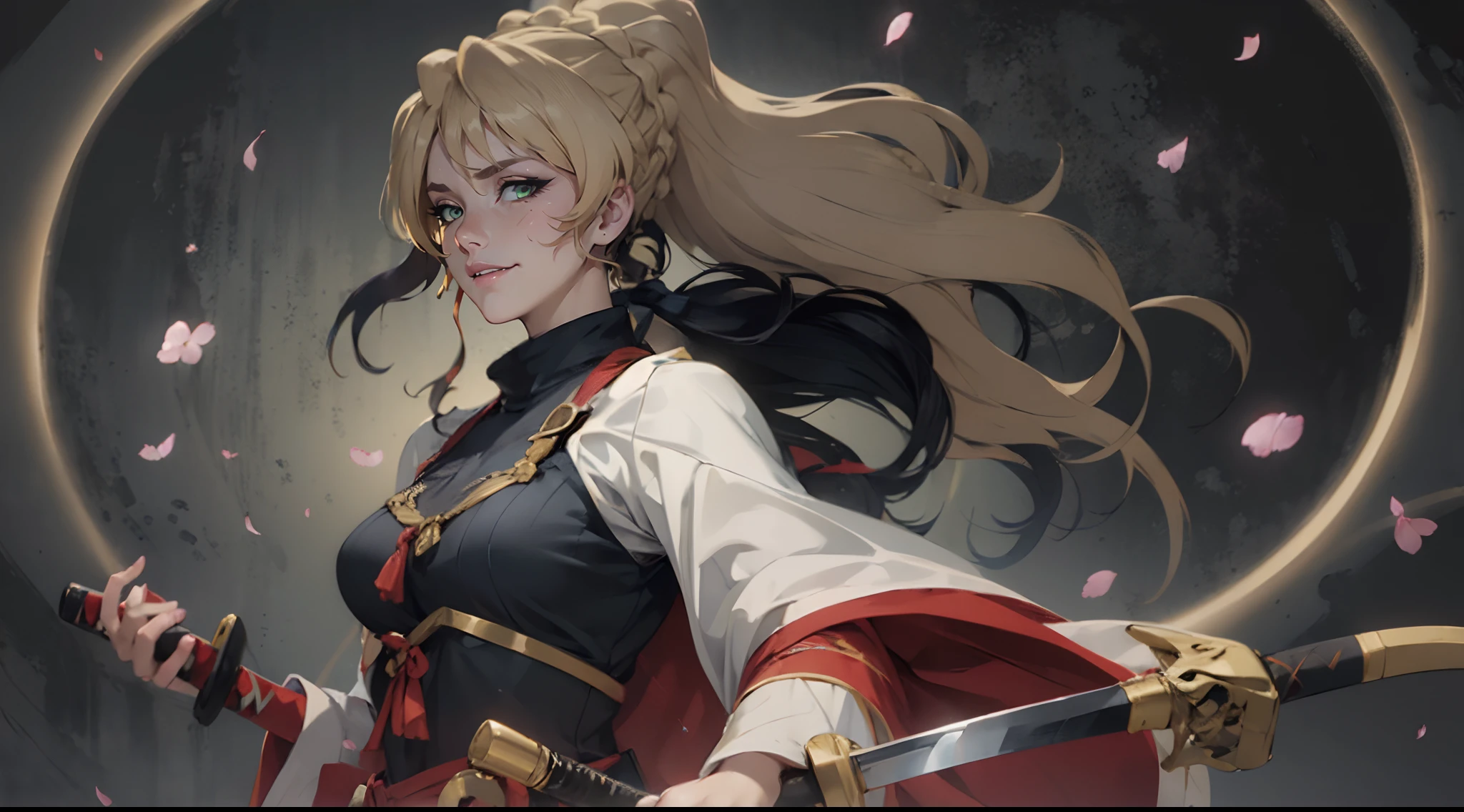 (blonde hair, ponytail, long hair:1.7), green eyes,  (plump:1.2), 1girl, petals, katana, solo, holding, breasts, holding_katana, wide_sleeves, cherry_blossoms, sheath, looking_at_viewer, japanese_clothes,  long_sleeves, glow effects, godrays, Hand drawn, render, 8k, octane render, cinema 4d, blender, dark, atmospheric 4k ultra detailed, cinematic, Sharp focus, big depth of field, Masterpiece, colors, 3d octane render, 4k, concept art, trending on artstation, hyperrealistic, Vivid colors, extremely detailed CG unity 8k wallpaper, trending on CGSociety, Intricate, High Detail, dramatic