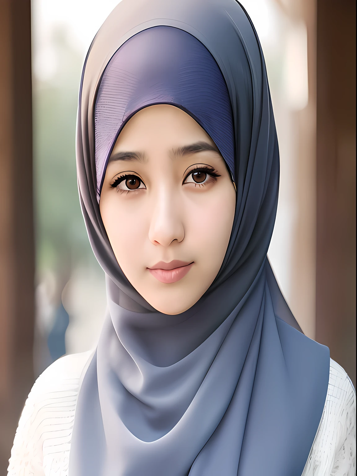best quality, masterpiece, highres, moslem female dress, necklace, Beautiful face, upon body from head to waist, tyndall effect, photorealistic, dark studio, rim lighting, two tone lighting, 8k uhd, dslr, soft lighting, high quality, volumetric lighting, candid, Photograph, high resolution, 4k, 8k, Bokeh, (hyperrealistic girl), (illustration), (high resolution), (extremely detailed), (best illustration), (beautiful detailed eyes), (best quality), (ultra-detailed), (masterpiece), (wallpaper), (photorealistic), (natural light), (rim lighting), (detailed face), (high detailed realistic skin texture), (anatomically correct), (solo), (1 girl), (heterochromic eyes), (detailed eyes), (sparkling eyes), (long legs), (big breasts), (dynamic pose), (closed tiny mouth:1.3), (concentrated expression), (wearing hijab:1.4), moslem headscarf.