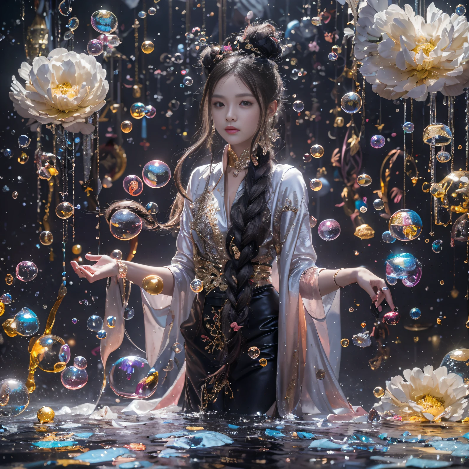 32K(tmasterpiece,k hd,hyper HD,32K)Black-braid fairy,Flowing bubbles,ponds,zydink, a color(Black braided student), (Colorful bubbles), Combat posture, looking at the ground, Large rolls of rouge bubbles,Black braids,Silk platinum crystal tiara, Chinese long-sleeved black gold garment, Black braids(Abstract water splash:1.2), Pink peony flower background,Buble(realisticlying:1.4),Cooking with gas,The gradient background is pure, A high resolution, the detail, RAW photogr, Sharp Re, Nikon D850 Film Stock Photo by Jefferies Lee 4 Kodak Portra 400 Camera F1.6 shots, Rich colors, ultra-realistic vivid textures, Dramatic lighting, Unreal Engine Art Station Trend, cinestir 800,Flowing snowflakes,Colored bubbles that refract light