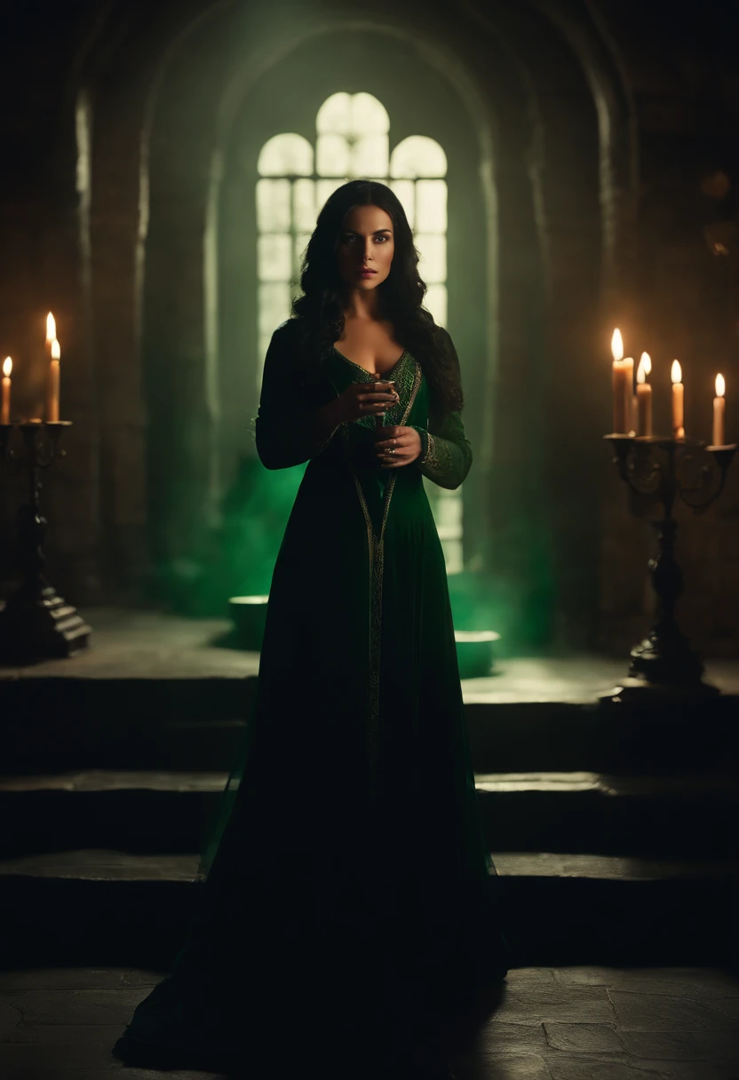 A mysterious and alluring sorceress, with ebony hair and piercing green eyes, conjuring spells and potions in a dimly lit chamber.