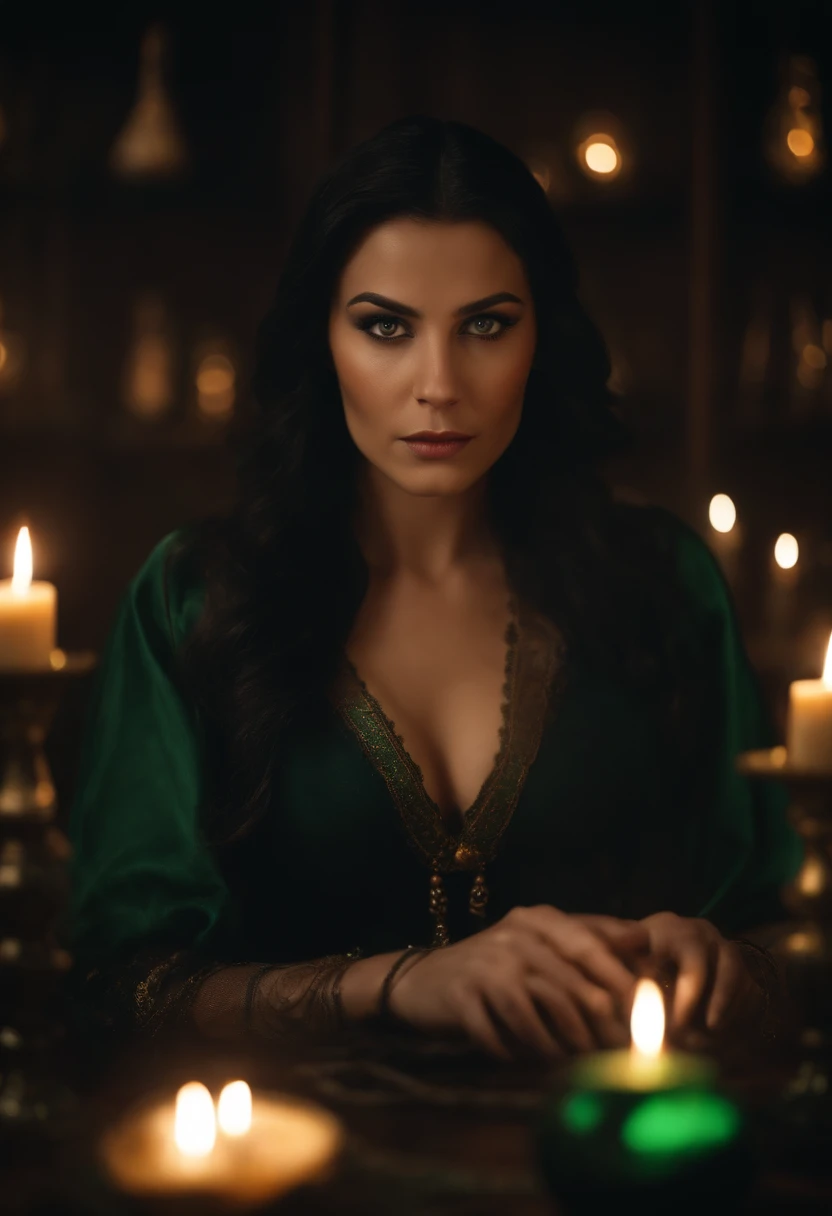 A mysterious and alluring sorceress, with ebony hair and piercing green eyes, conjuring spells and potions in a dimly lit chamber.