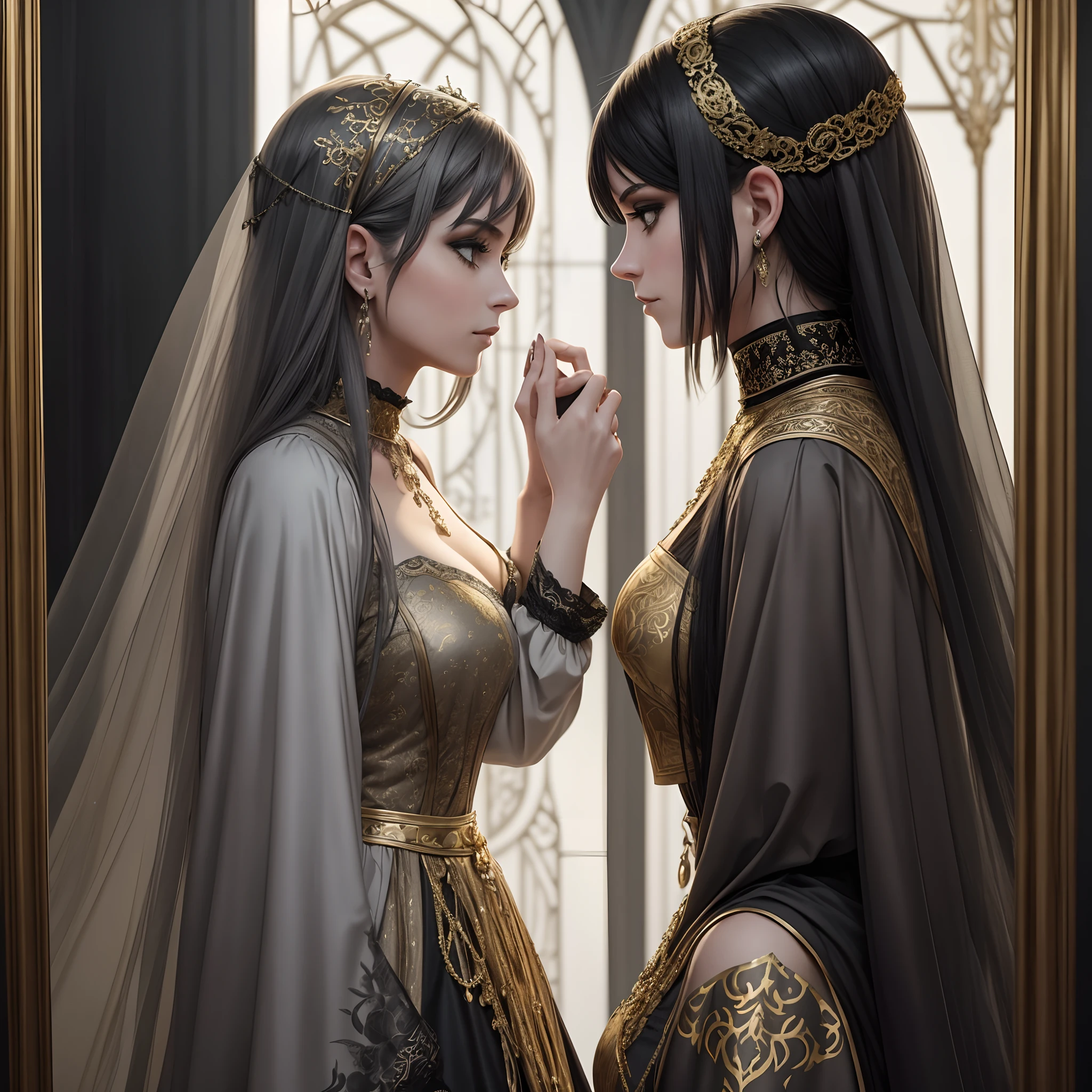 You can create a graphic depicting two characters, one of which is a woman in gothic-style gray and gold costumes, and the other is her soul. This can be illustrated by a mirror image in which a woman and her soul are integrated.