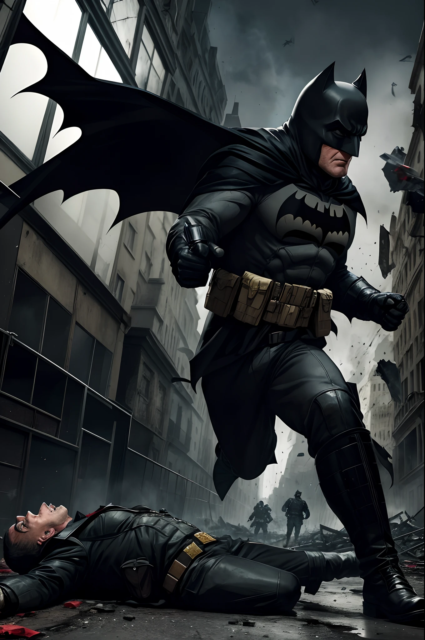 draw the Batman in an action scene with a lot of blood on his hands and mouth, blood on the ground because the scene is of Batman fighting several Cyberpunks at the behest of the villain Penguin, 64k,