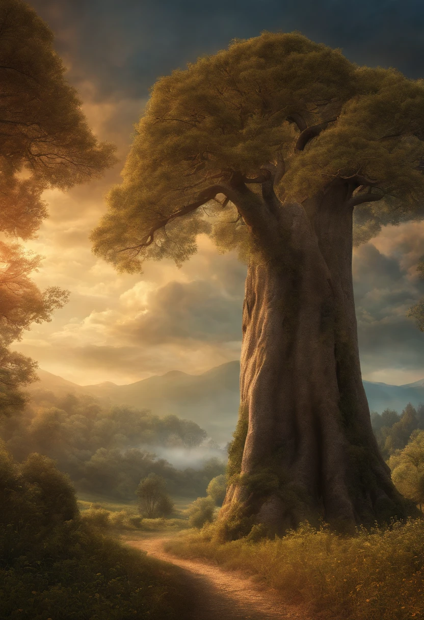 16k, massive detail, ((Complex details))) The vast sky,Many trees intertwine the field on the trunk,Amazing sky,Level 15,Rock surface, (Photorealistic), art (((Claude Lorrain))), j.r. Tolkien type [Sharp focus], (hdr), (8K), (gigapixel), (Masterpiece)