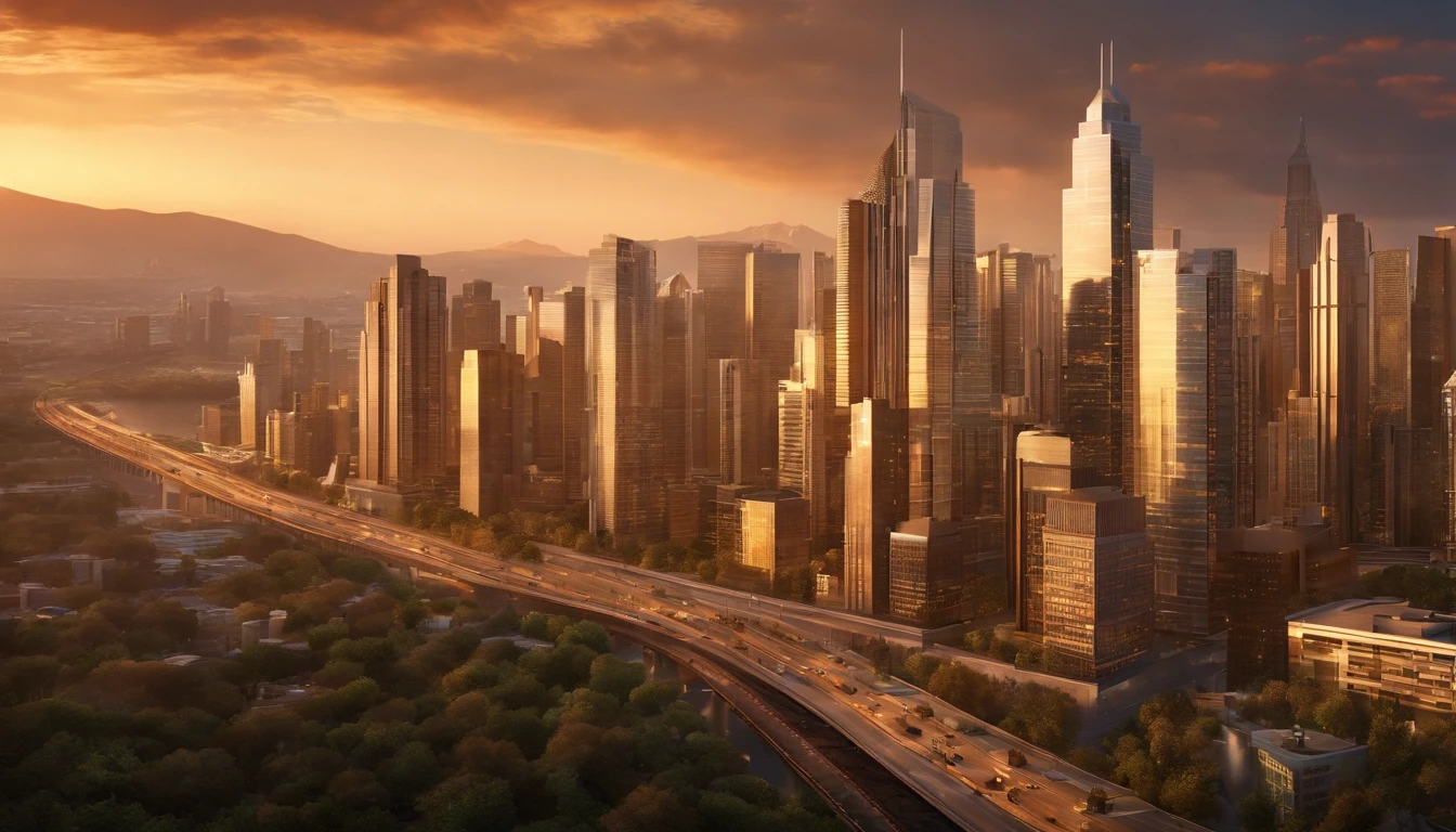 "Create a highly realistic urban cityscape scene set during a golden hour sunset. The scene should depict a bustling city with tall, modern skyscrapers and a diverse array of architecture, including glass and steel structures. Ensure intricate details in the buildings such as reflective windows, individual floors, and fine architectural elements. The warm hues of the setting sun should cast a soft, golden glow across the city, creating a captivating play of light and shadow. Include meticulous textures in the surrounding landscape—lush trees, smoothly paved streets, and distant mountains. Incorporate text subtly but realistically within the image, like a banner displaying the city's name in a sophisticated font at the top of one of the prominent skyscrapers, blending seamlessly with the realistic surroundings, its a Photograph and 4k background super realistic