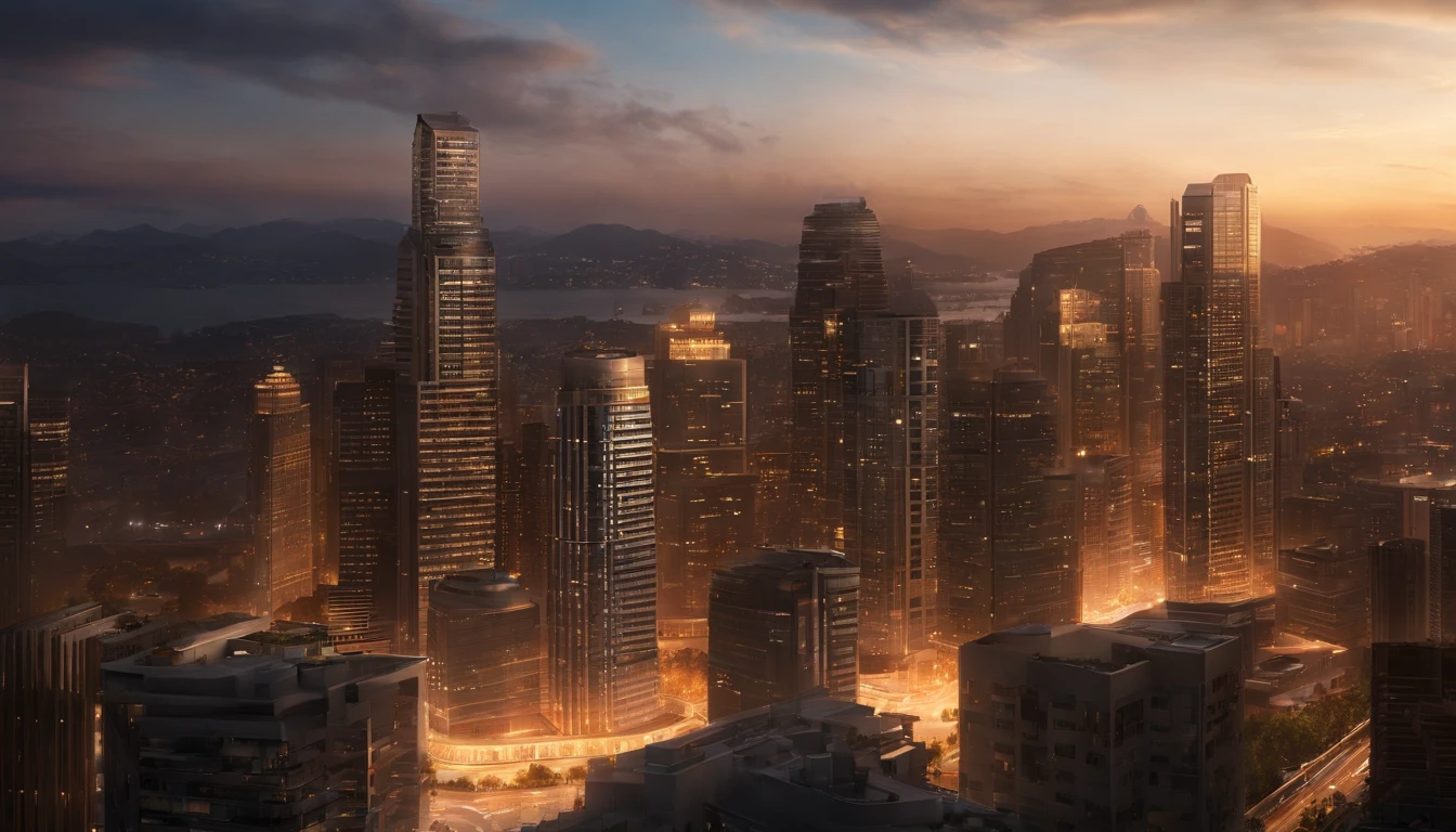 "Create a highly realistic urban cityscape scene set during a golden hour sunset. The scene should depict a bustling city with tall, modern skyscrapers and a diverse array of architecture, including glass and steel structures. Ensure intricate details in the buildings such as reflective windows, individual floors, and fine architectural elements. The warm hues of the setting sun should cast a soft, golden glow across the city, creating a captivating play of light and shadow. Include meticulous textures in the surrounding landscape—lush trees, smoothly paved streets, and distant mountains. Incorporate text subtly but realistically within the image, like a banner displaying the city's name in a sophisticated font at the top of one of the prominent skyscrapers, blending seamlessly with the realistic surroundings, its a Photograph and 4k background super realistic