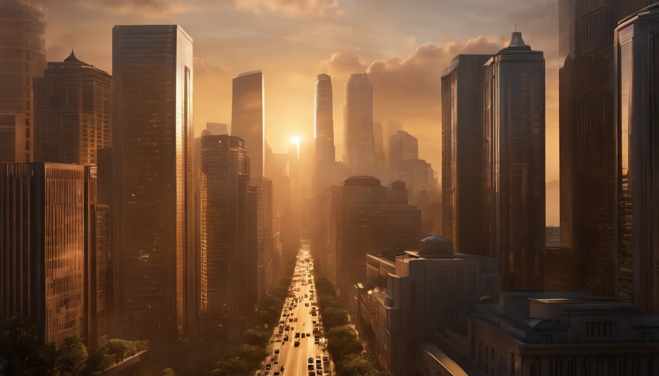 "Create a highly realistic urban cityscape scene set during a golden hour sunset. The scene should depict a bustling city with tall, modern skyscrapers and a diverse array of architecture, including glass and steel structures. Ensure intricate details in the buildings such as reflective windows, individual floors, and fine architectural elements. The warm hues of the setting sun should cast a soft, golden glow across the city, creating a captivating play of light and shadow. Include meticulous textures in the surrounding landscape—lush trees, smoothly paved streets, and distant mountains. Incorporate text subtly but realistically within the image, like a banner displaying the city's name in a sophisticated font at the top of one of the prominent skyscrapers, blending seamlessly with the realistic surroundings, its a Photograph and 4k background super realistic