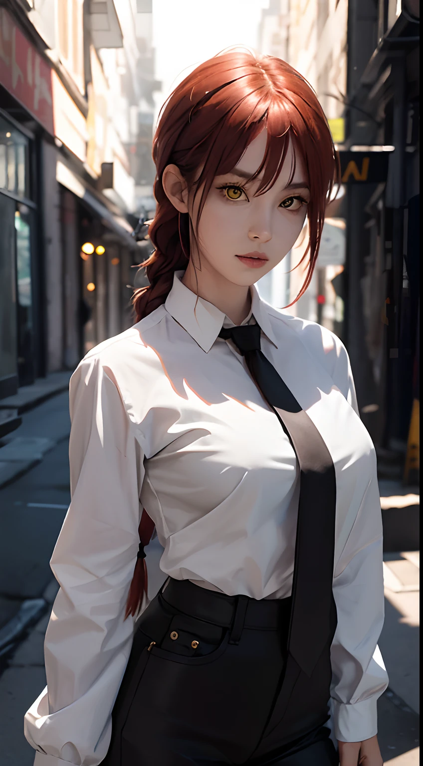 masterpice, best quality,a raw photo of a stylish woman, makima \(chainsaw man\), she is young, she is cute, she is wearing a white shir, (she is wearing a black tie), she has an braid, she has an soft expression, soft smile, she is red haired, (yellow eyes), sensual, gentle, feminine, photorealistic, (perfect face), expressive eyes, award winner image, perfect lighting, great composition, 4k, perfect color scheme,asthetic, volumetric, perfect skin, badass, cowboy shot, black pants, perfect waistline