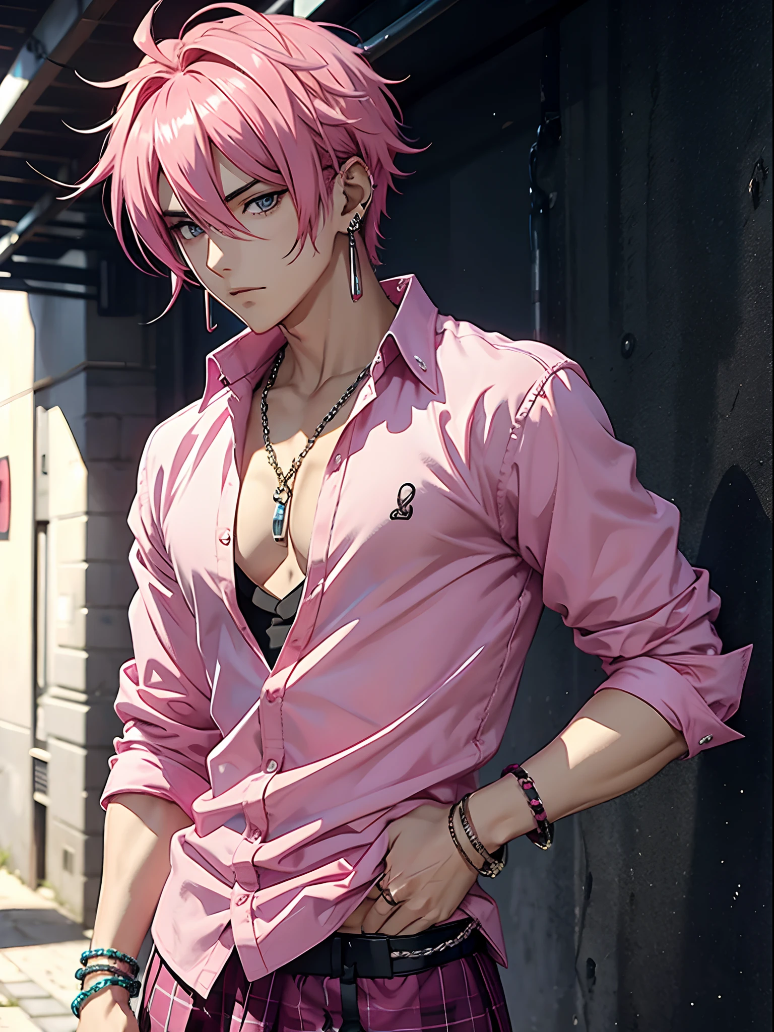 anime sexy guy, bright pink hair, earrings, chains and rings, interesting posture, plaid shirt