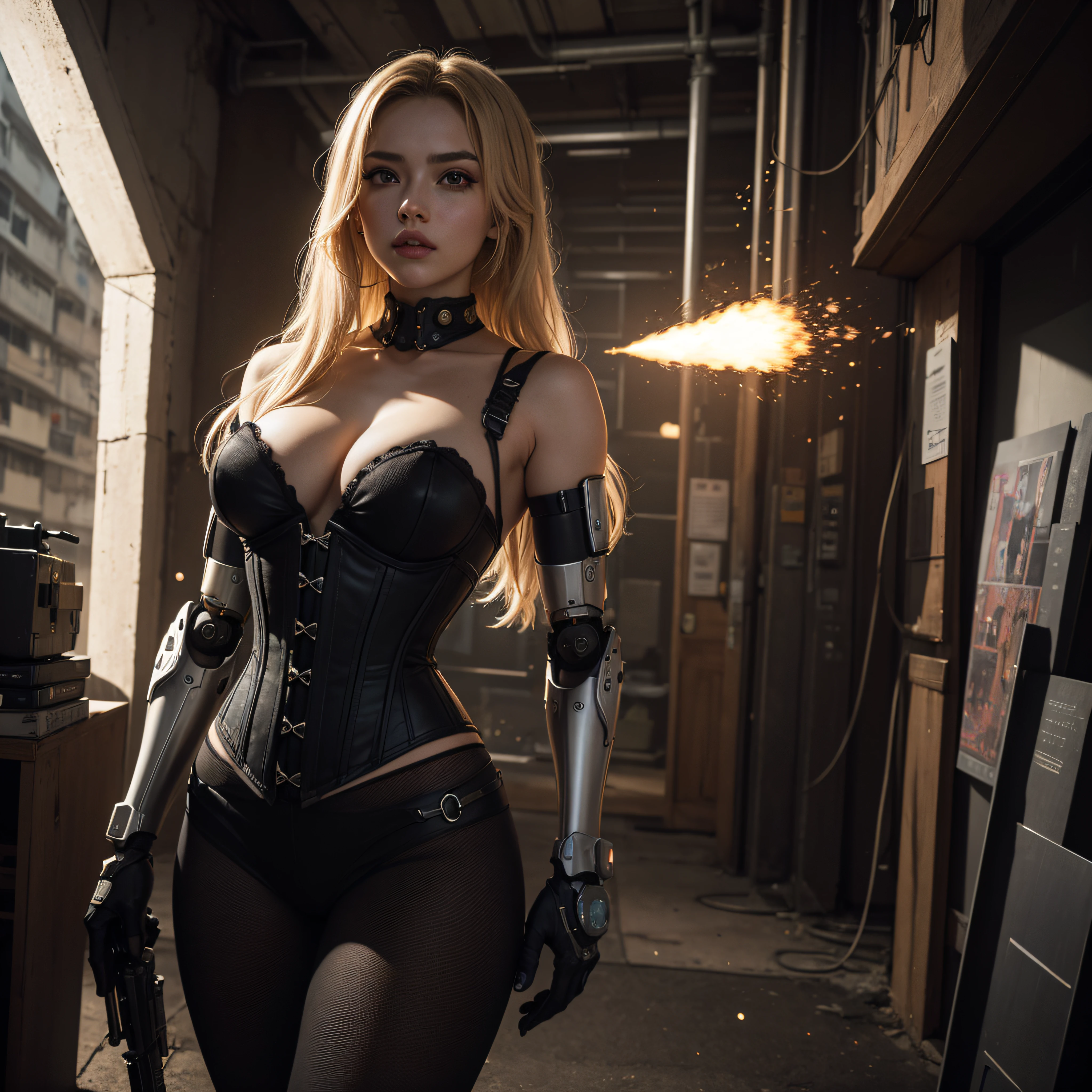 ((calidad superior)), ((obra maestra)), ((realista)), (Los detalles), (fotorrealista:1.5), Science-Fiction, HDR, Trazado de rayos, NVIDIA RTX, Los ultra-Highres, Irreal 5, Sub-Surface Scatterring, PBR texturizado, Post-procesamiento, Anisotropic filtering, Profundidad de campos, maximum sharpness and sharpness, Regla de los tercios、8K RAW、(Luminescent Particles:1.4)、(super-detailed CG、Unidad 8k Fondos de pantalla、lighting like a movie、destello de lente、foco nítido. Blonde girl with corset, Robotic Parts, Cannon fire, guerra urbana, Armas, pistola, Arte cyberpunk、arquitectura cyberpunk