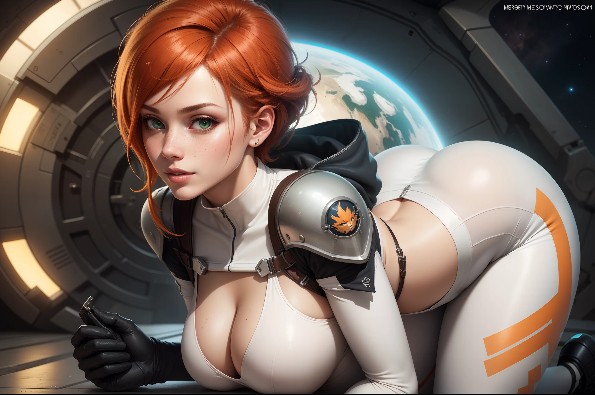 gwen tennyson,tracer,samus,rebecca chambers,overwatch,gundam,1girl,close up,mecha pilot,space port,mecha space suit,space marine,pirate corset, white long sleeve lycra top,wet body,white leggings,short hair,war makeup,green eyes,orange hair,hair highlights,shy smile,freckles,redhead,beautiful girl,large breasts,ultra detailed,realistic,fantasy art, ass close up, from behind,
