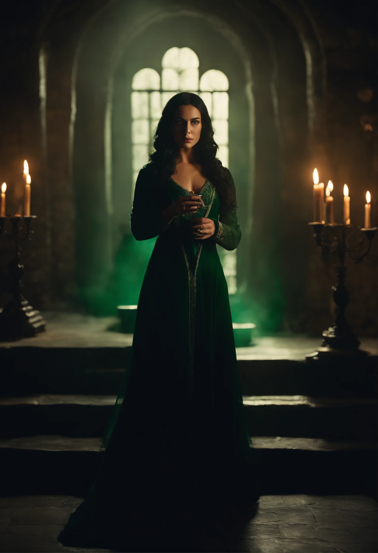 A mysterious and alluring sorceress, with ebony hair and piercing green eyes, conjuring spells and potions in a dimly lit chamber.
