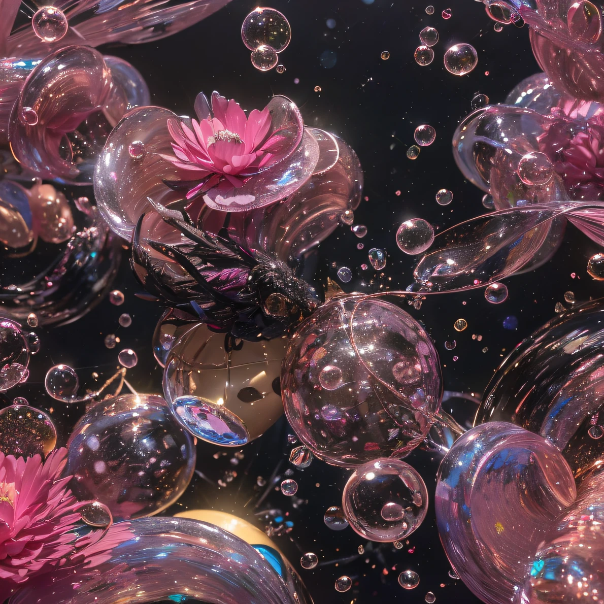 32K(tmasterpiece,k hd,hyper HD,32K)Black-braid fairy,Flowing bubbles,ponds,zydink, a color(Black braided student), (Colorful bubbles), Combat posture, looking at the ground, Large rolls of rouge bubbles,Black braids,Silk platinum crystal tiara, Chinese long-sleeved black gold garment, Black braids(Abstract water splash:1.2), Pink peony flower background,Buble(realisticlying:1.4),Cooking with gas,The gradient background is pure, A high resolution, the detail, RAW photogr, Sharp Re, Nikon D850 Film Stock Photo by Jefferies Lee 4 Kodak Portra 400 Camera F1.6 shots, Rich colors, ultra-realistic vivid textures, Dramatic lighting, Unreal Engine Art Station Trend, cinestir 800,Flowing snowflakes,Colored bubbles that refract light
