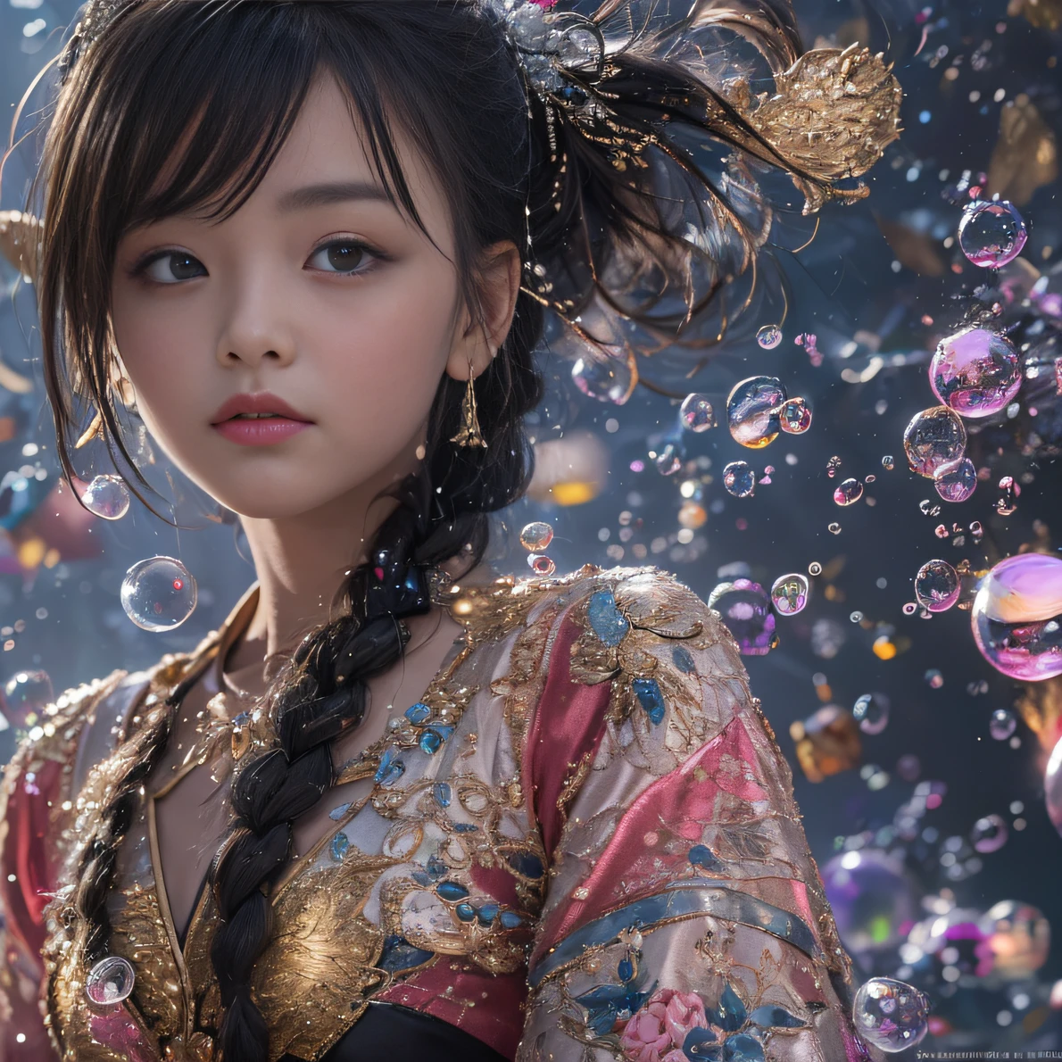 32K（tmasterpiece，k hd，hyper HD，32K）Black-braid fairy，Flowing bubbles，ponds，zydink， a color（Black braided student）， （Colorful bubbles）， Combat posture， looking at the ground， Large rolls of rouge bubbles，Black braids，Silk platinum crystal tiara， Chinese long-sleeved black gold garment， Black braids（Abstract water splash：1.2）， Pink peony flower background，Buble（realisticlying：1.4），Cooking with gas，Gradient background is pure， A high resolution， the detail， RAW photogr， Sharp Re， Nikon D850 Film Stock Photo by Jefferies Lee 4 Kodak Portra 400 Camera F1.6 shots, Rich colors, ultra-realistic vivid textures, Dramatic lighting, Unreal Engine Art Station Trend, cinestir 800，Flowing snowflakes，Colored bubbles that refract light