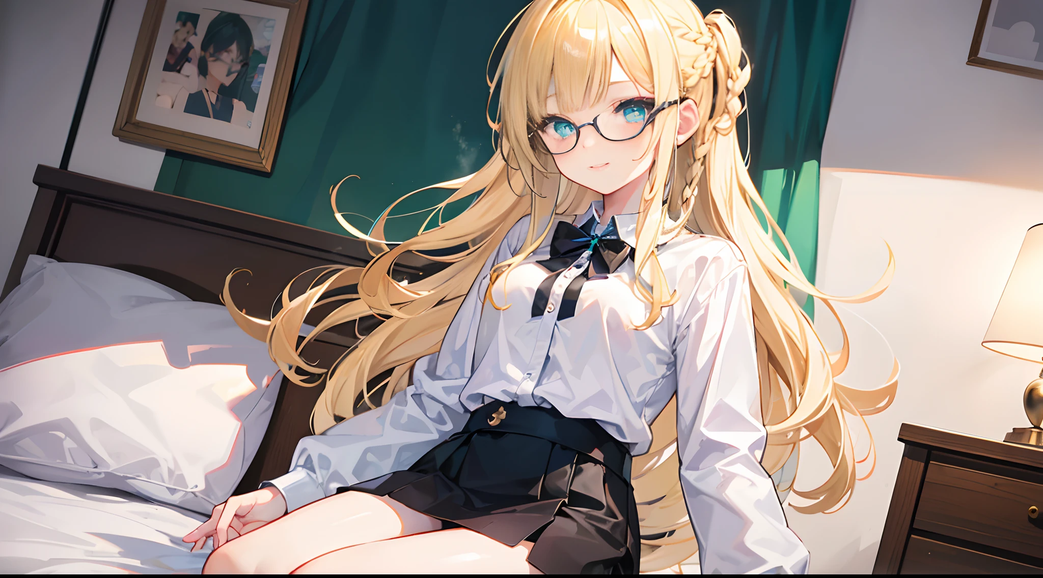 Anime echhi female d size cup with long blonde hair, wearing white cropped turtleneck with buttons, wearing blue miniskirt, wearing thigh high socks, wearing glasses in living room 